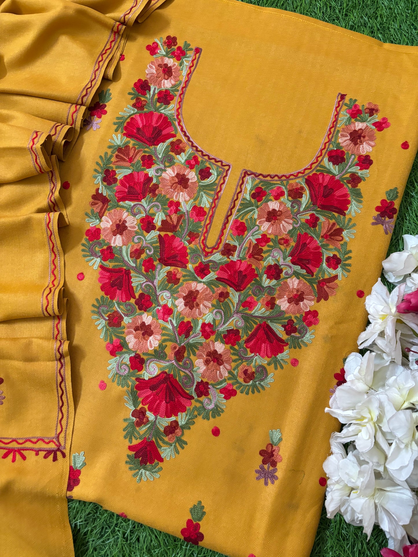 Golden Yellow Woollen Aari Embroidered 3pc suit