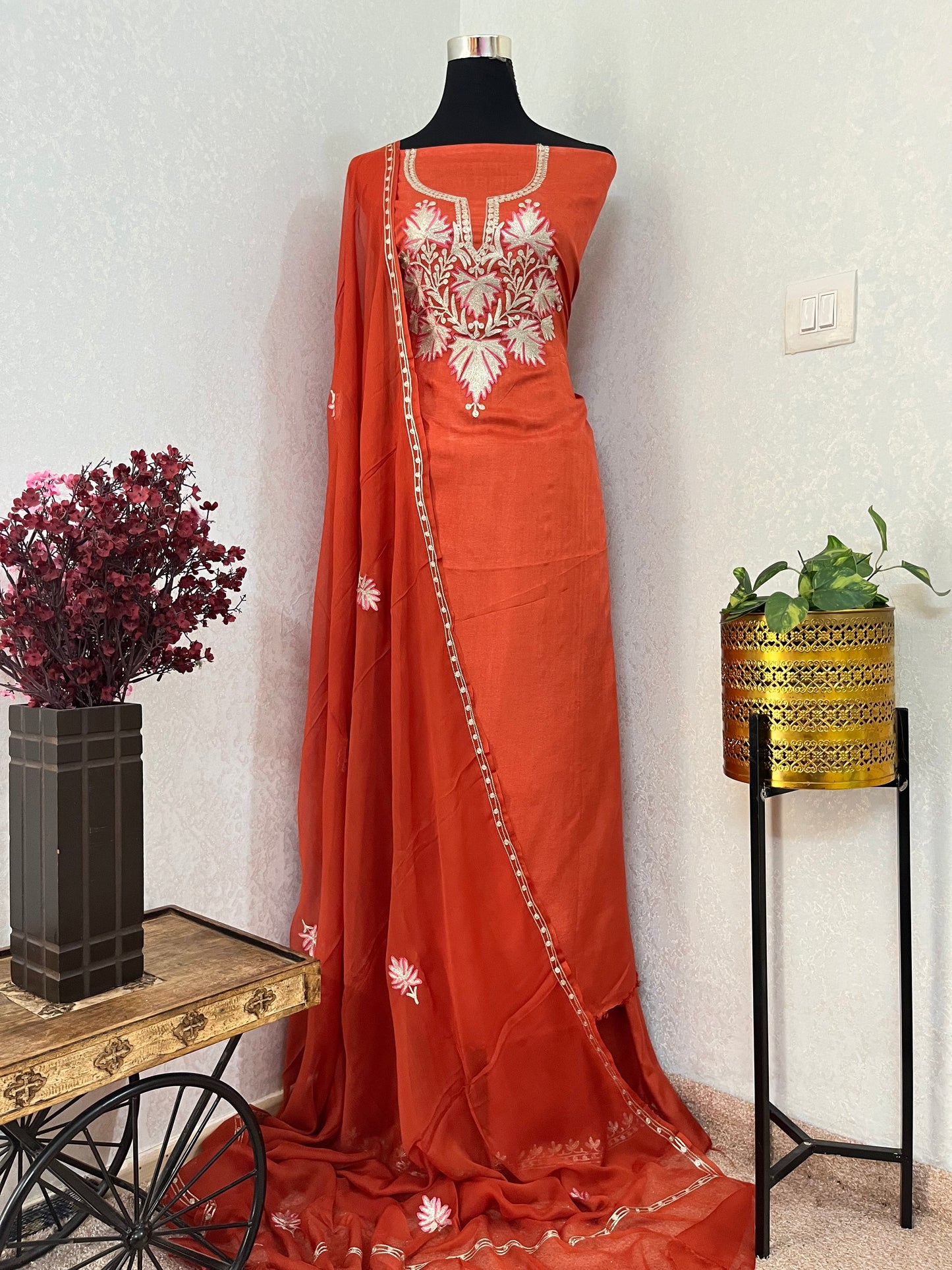 Sweet Orange Silk Tilla Kashmiri Suit