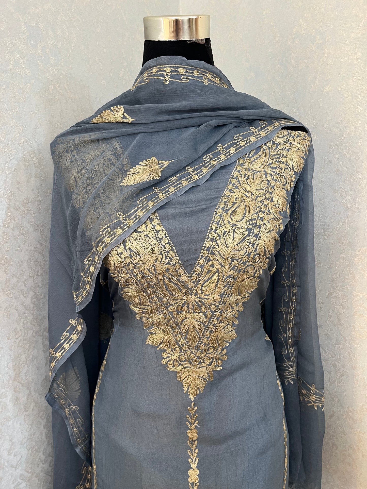 English Grey Tilla Kashmiri Silk Suit