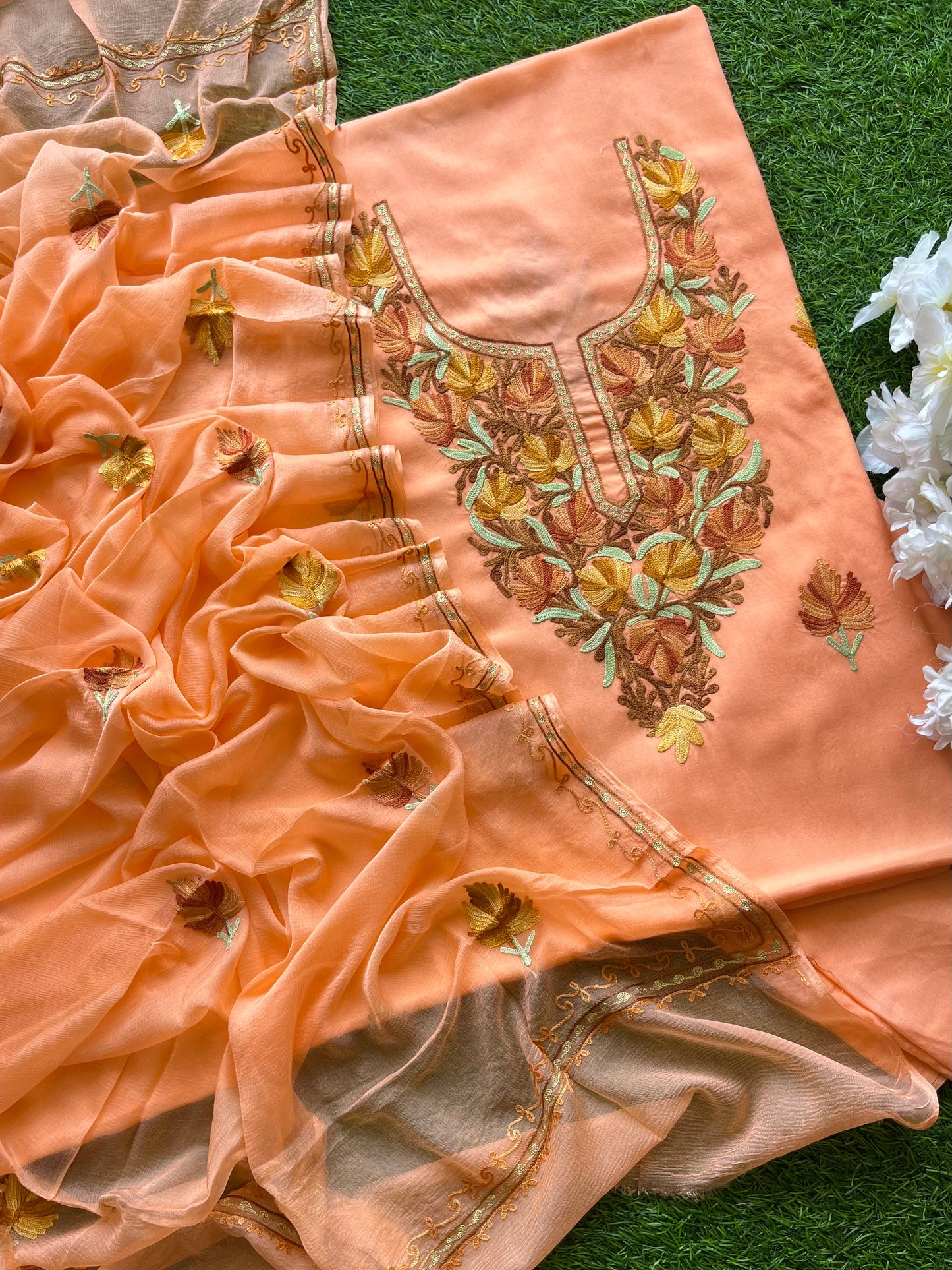 Peach Muslin Cotton Aari Embroidered 3pc set