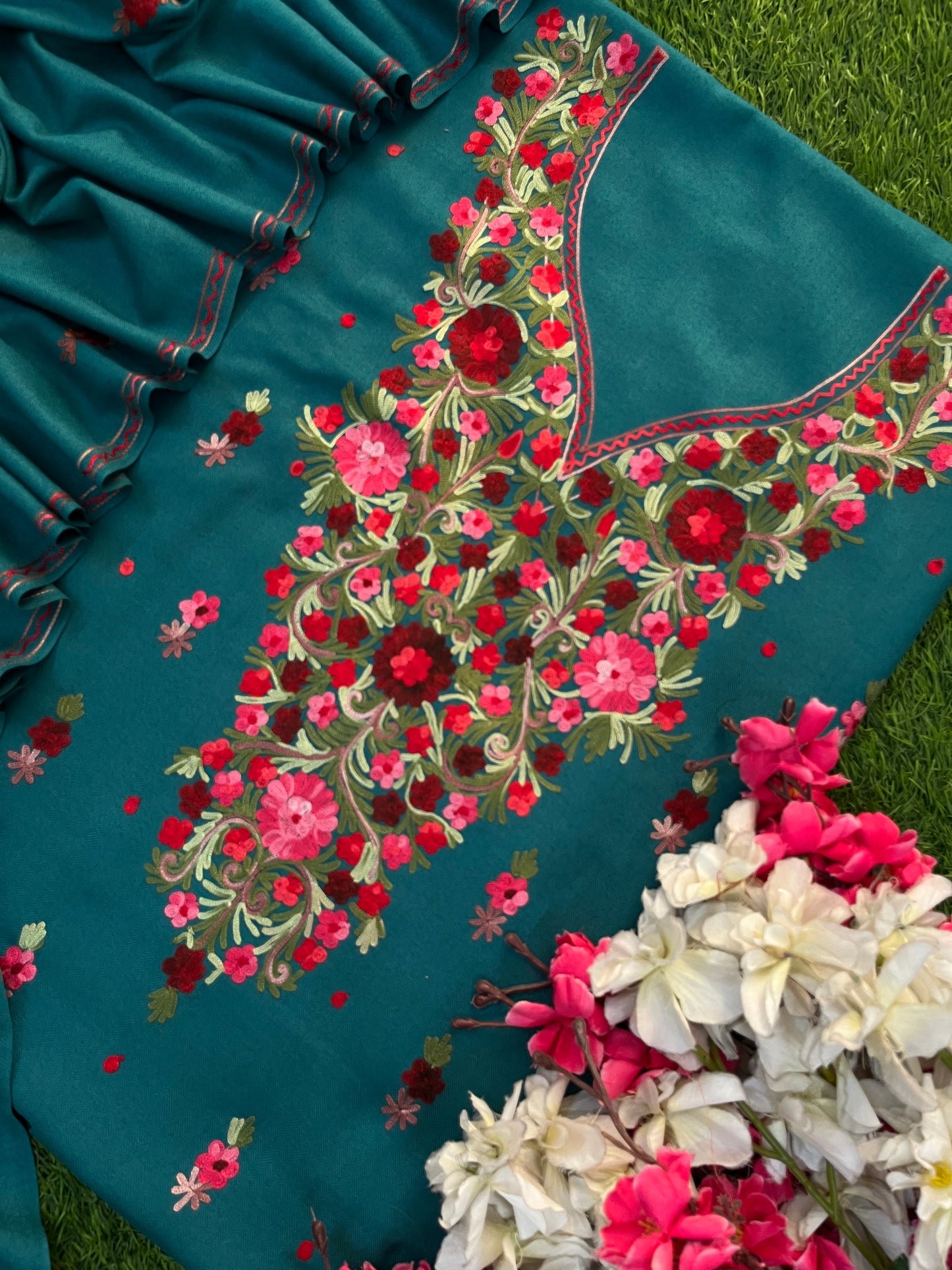 Teal Green Woollen Aari Embroidered 3pc suit
