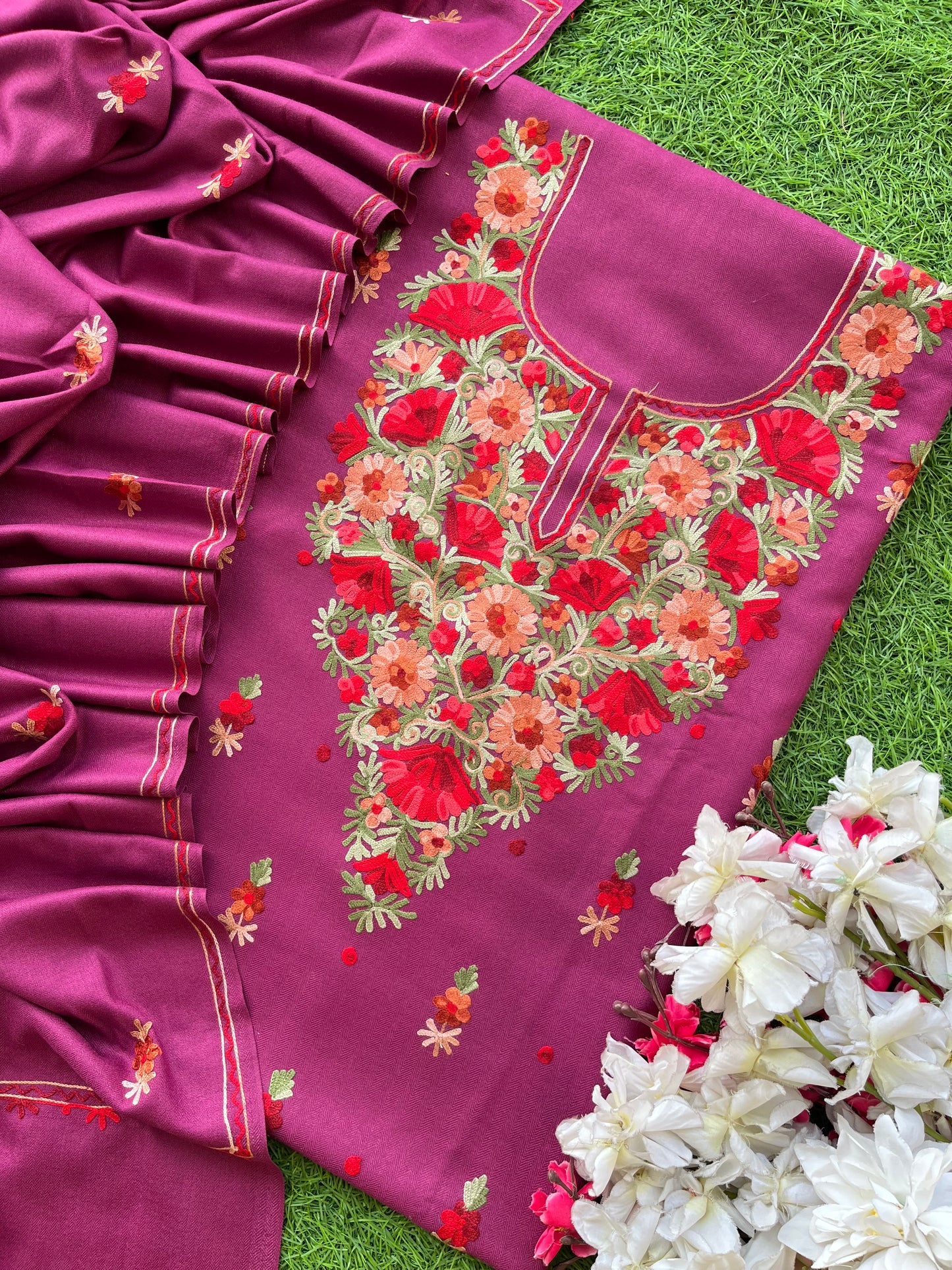 Wine Woollen Aari Embroidered 3pc suit