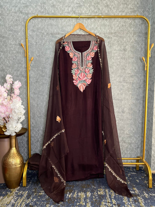 Coffee BrownOpada Silk Aari Embroidered Suit material