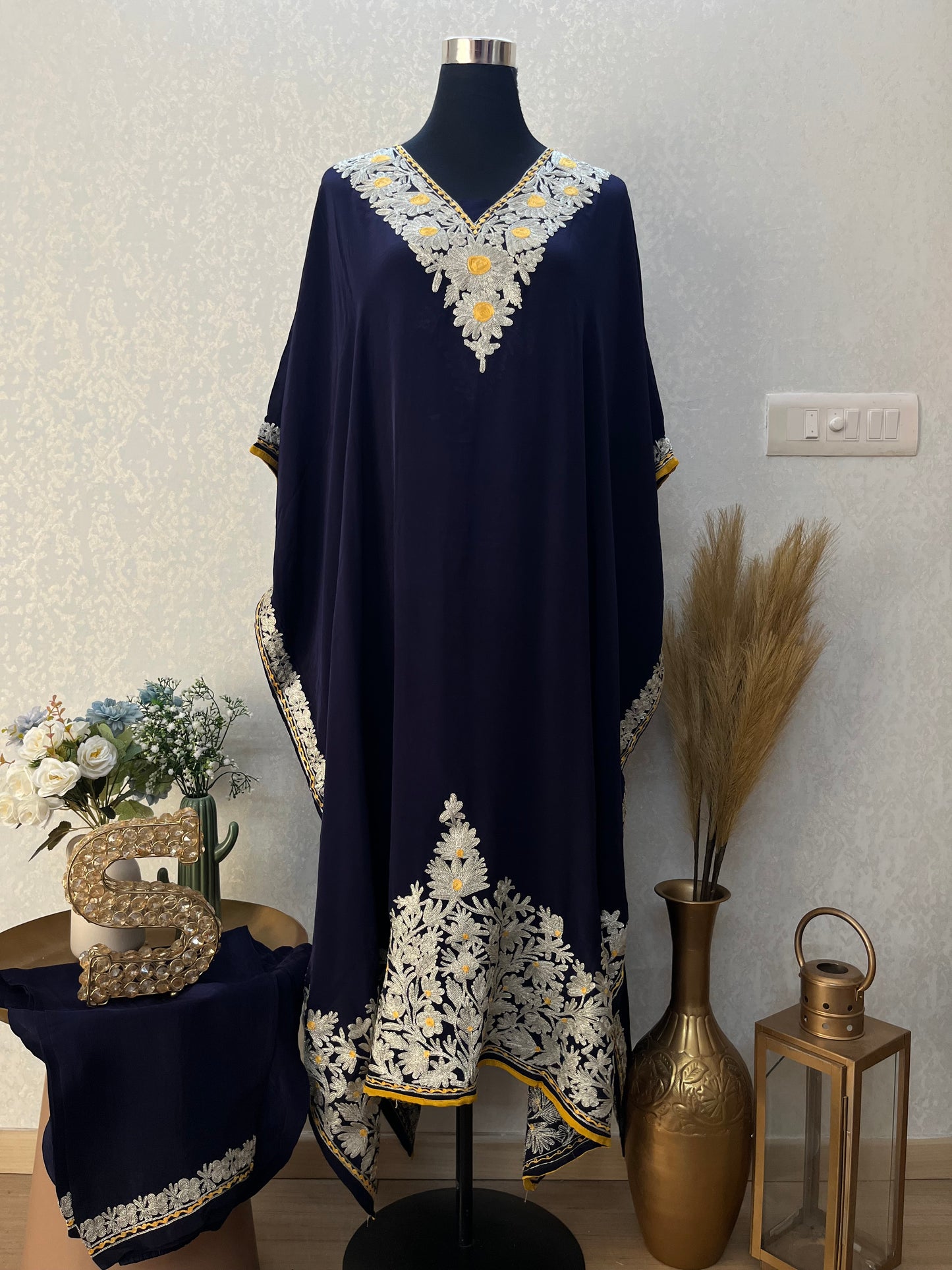 Navy Blue Crape Kashmiri Kaftan Set