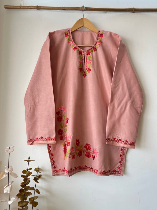 Soft Pink Cotton Aari Work Kurta