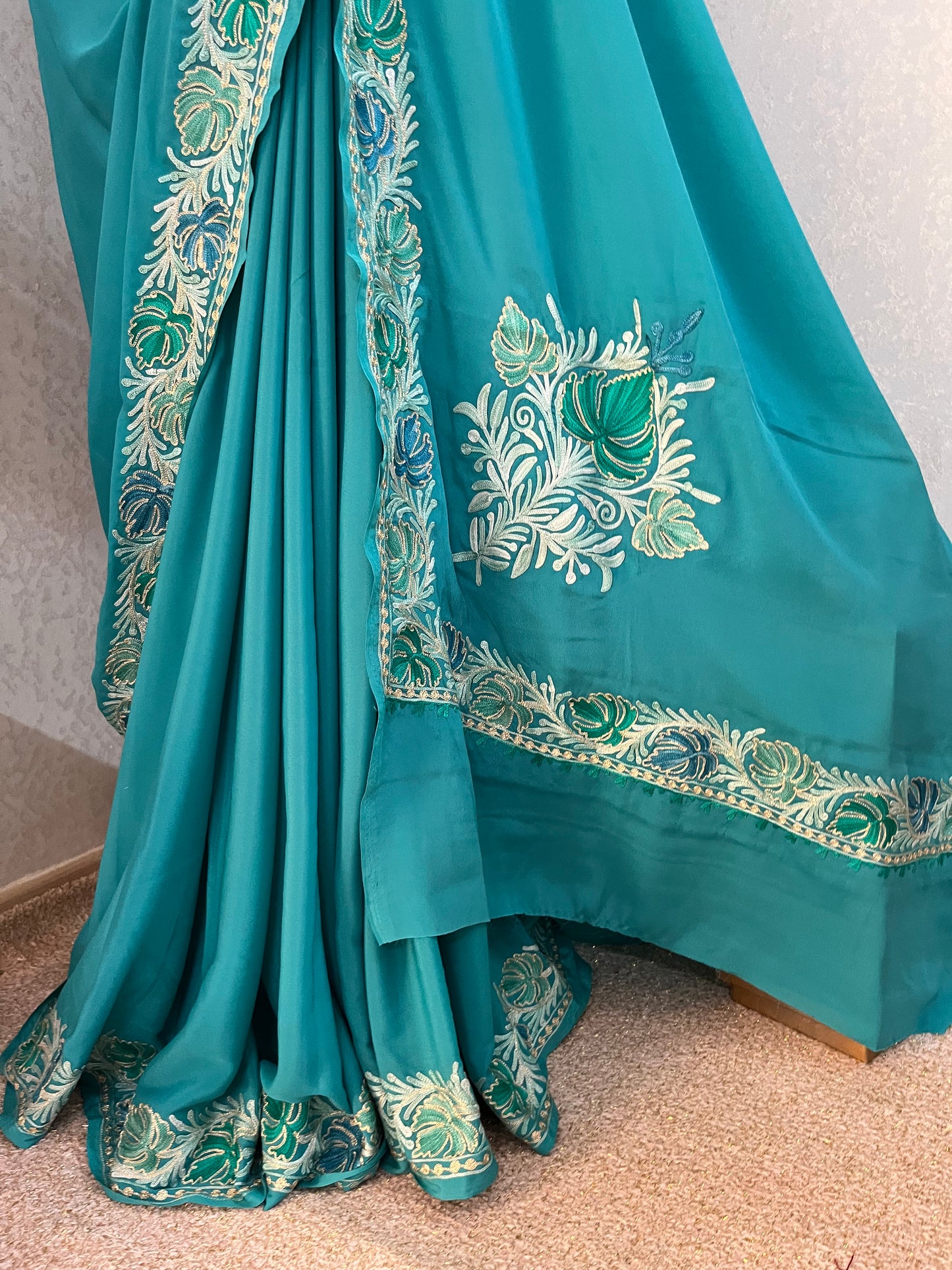 Blue Crape Kashmiri Saree with Tilla Outline