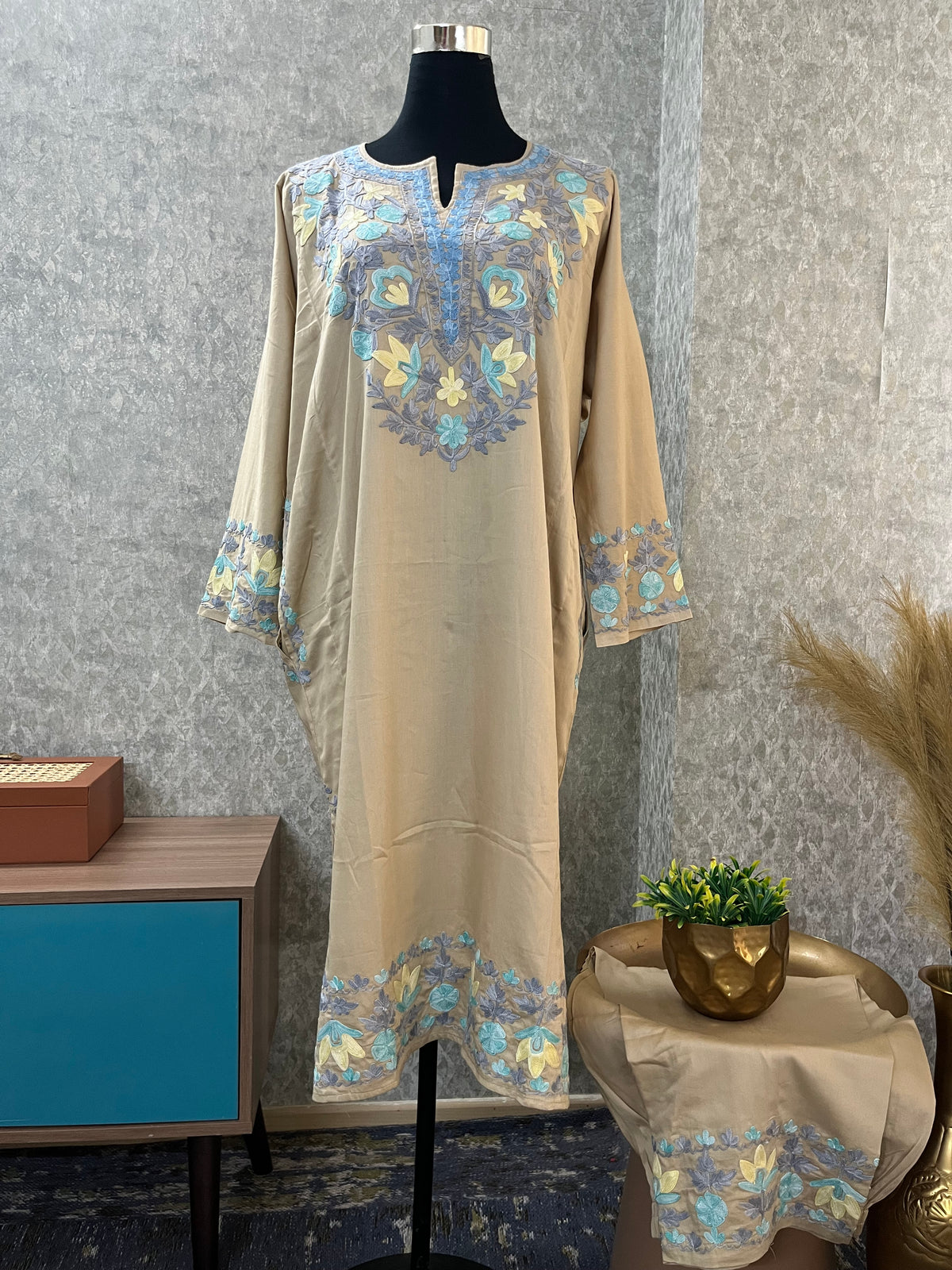Beige Cotton Front Jaal Pheran Set  Size(44)