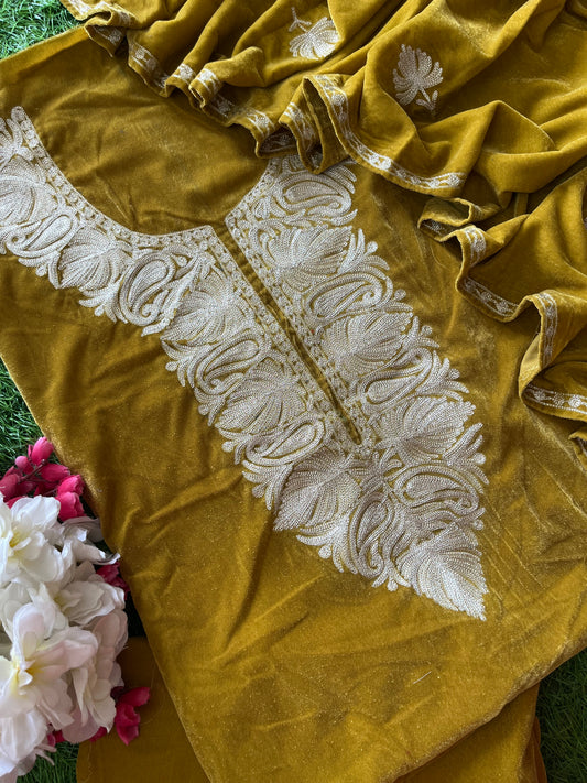 Golden Yellow Tilla Embroidered Velvet 3pc Suit Material