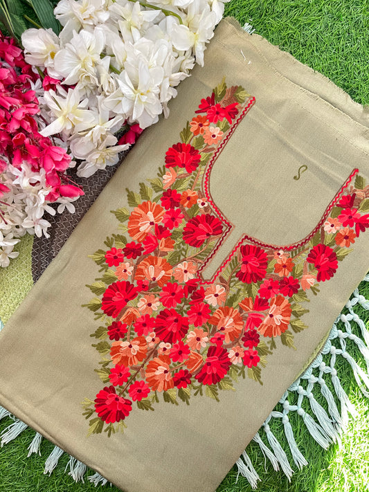 Beige Woollen Aari Embroidered 2pc suit 5mtr