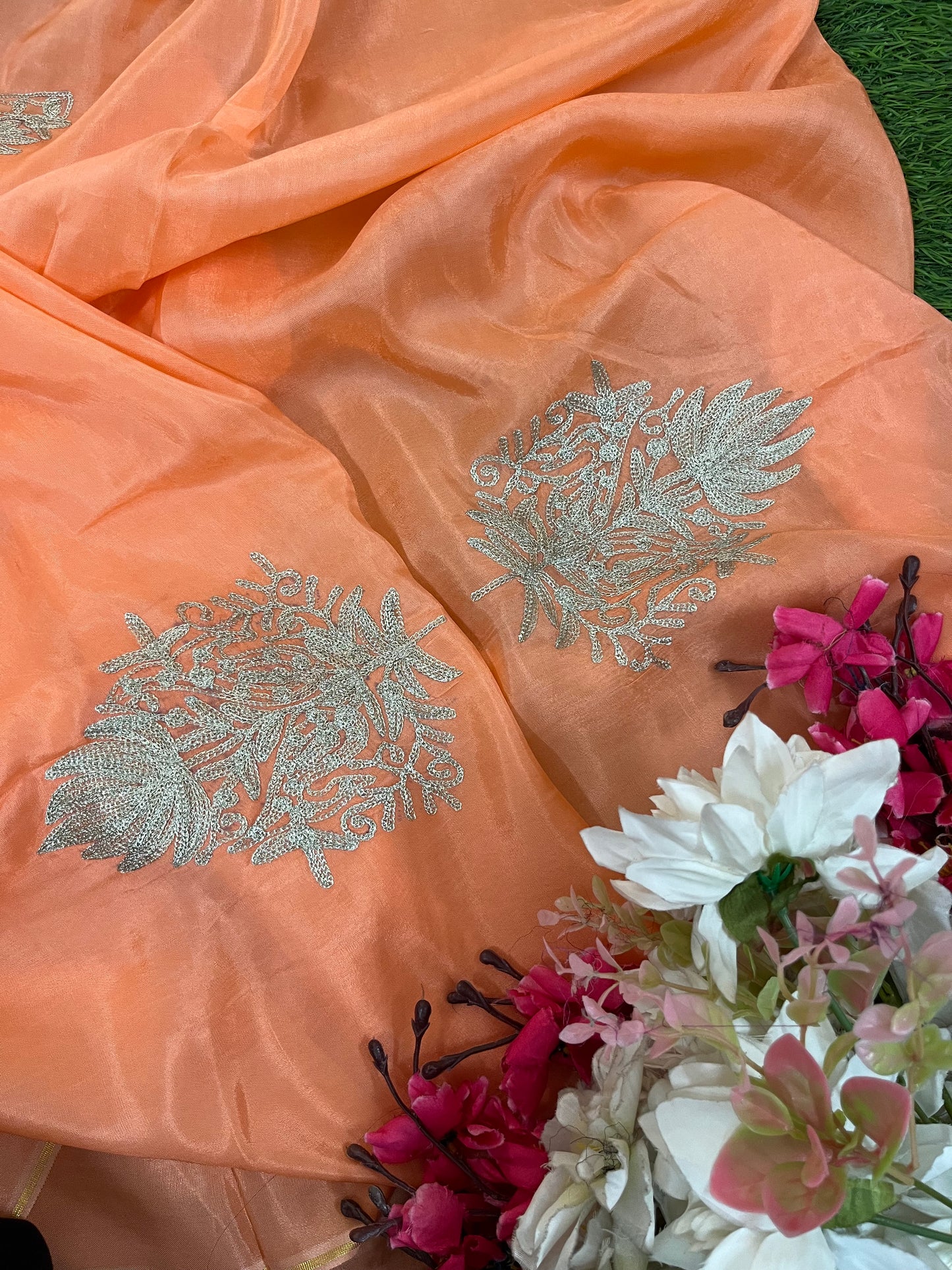 Peach Pink Silk Tilla Kashmiri Suit