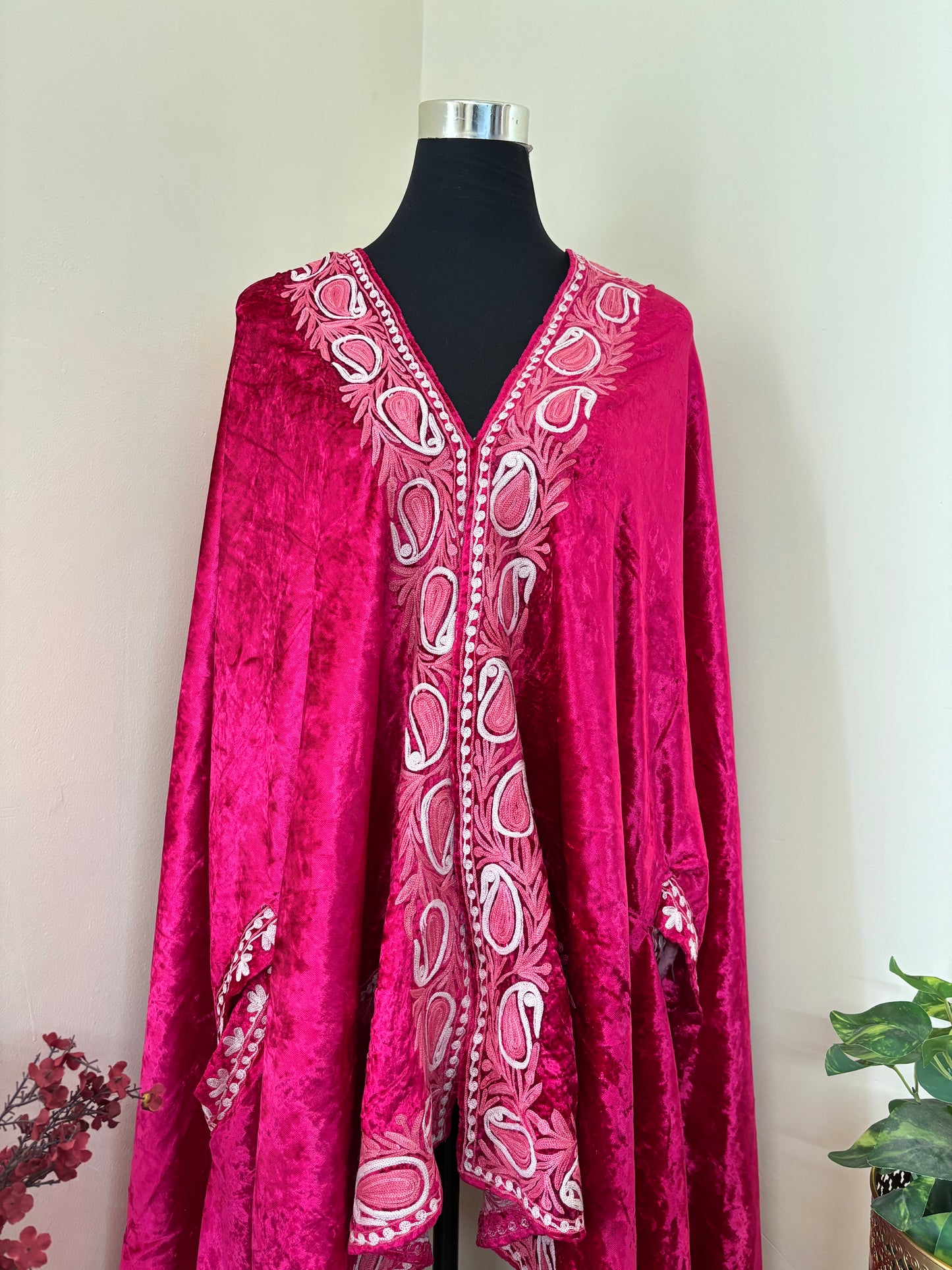 Hot Pink Aari Embroidered Makhmal Cape