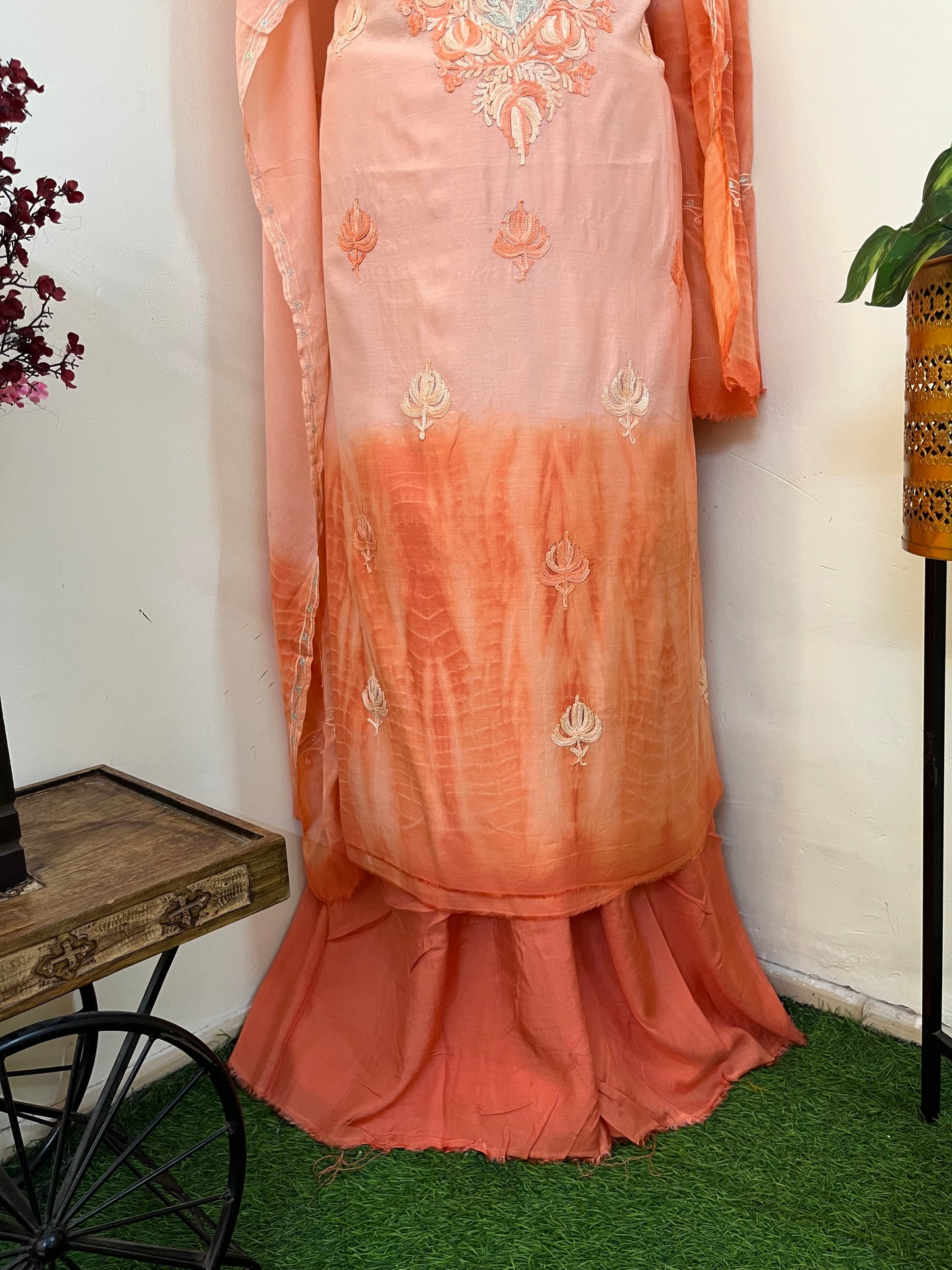 Soft Orange Mul Cotton Shibori Work Kashmiri 3pc Suit