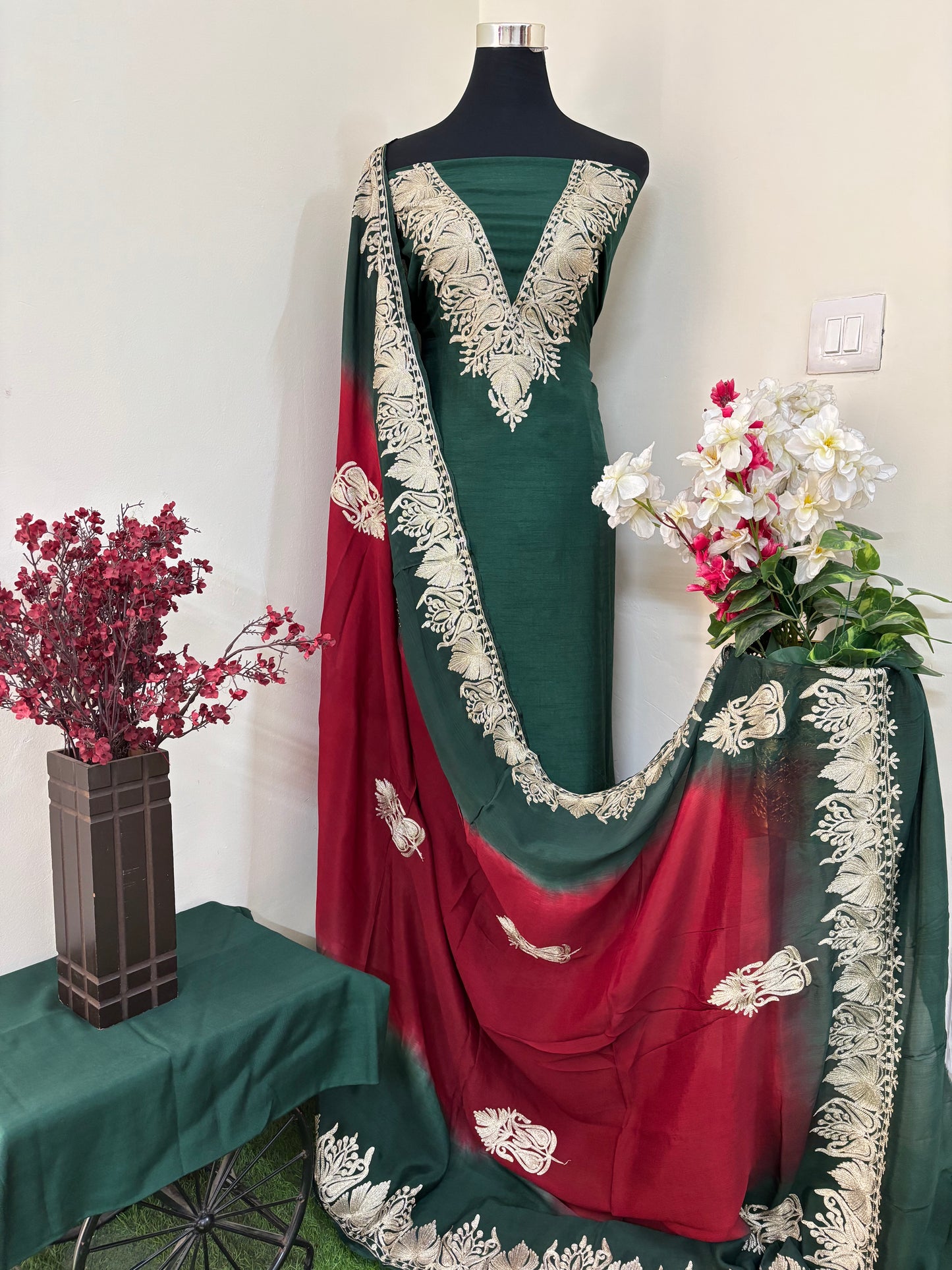 Sanam Bottle Green Silk Kashmiri Suit