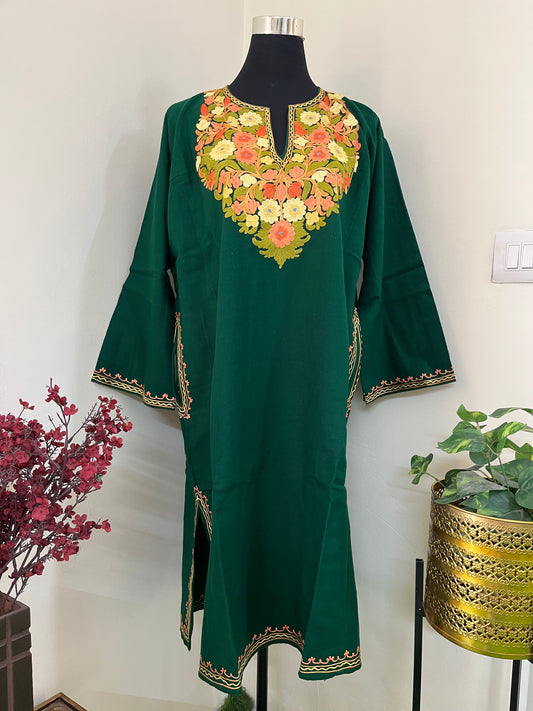 Green Aari Embroidered Wool Pheran