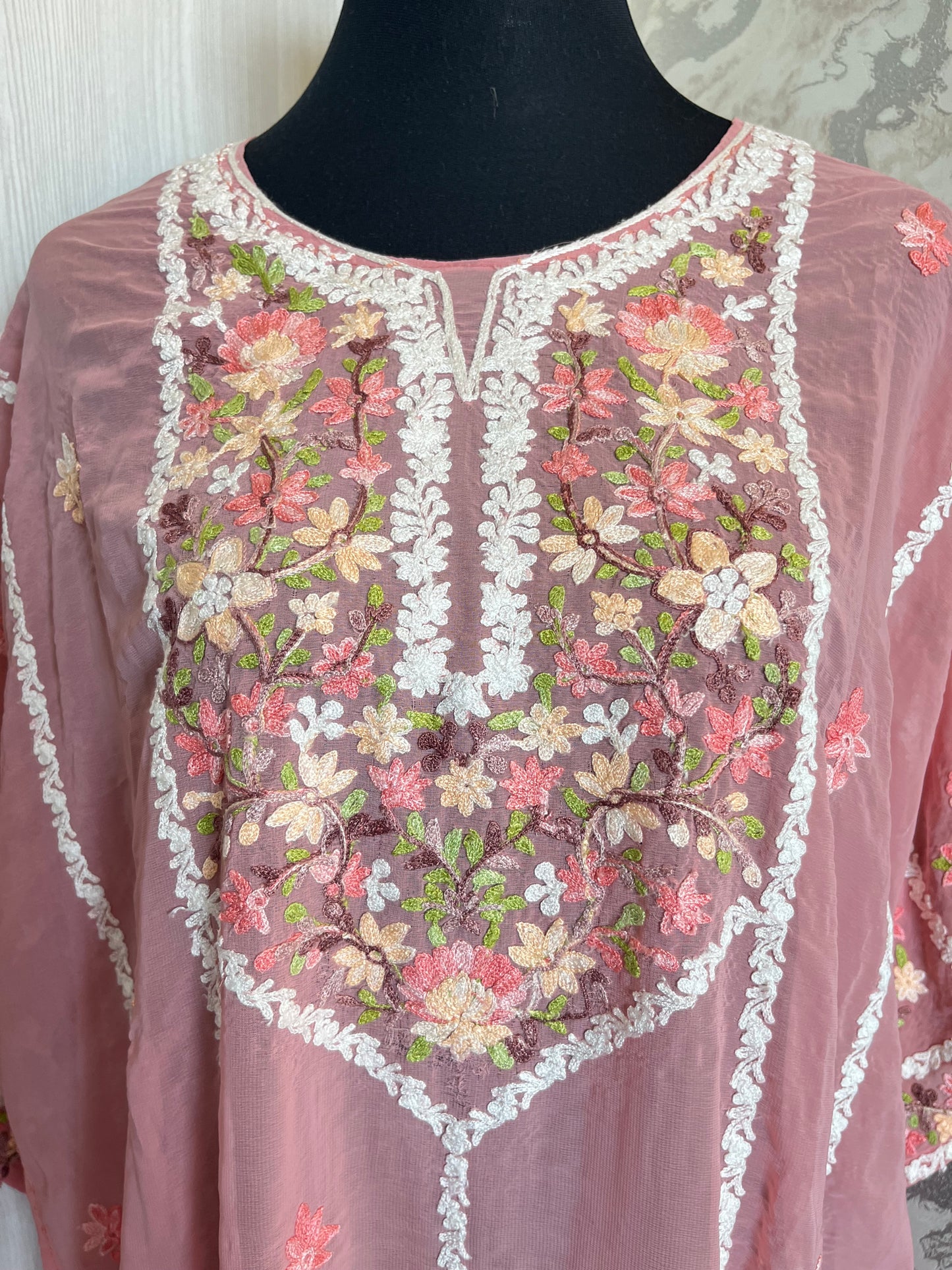 Pink Georgette All over Work Aari Embroidered Unstitched Kurta Material