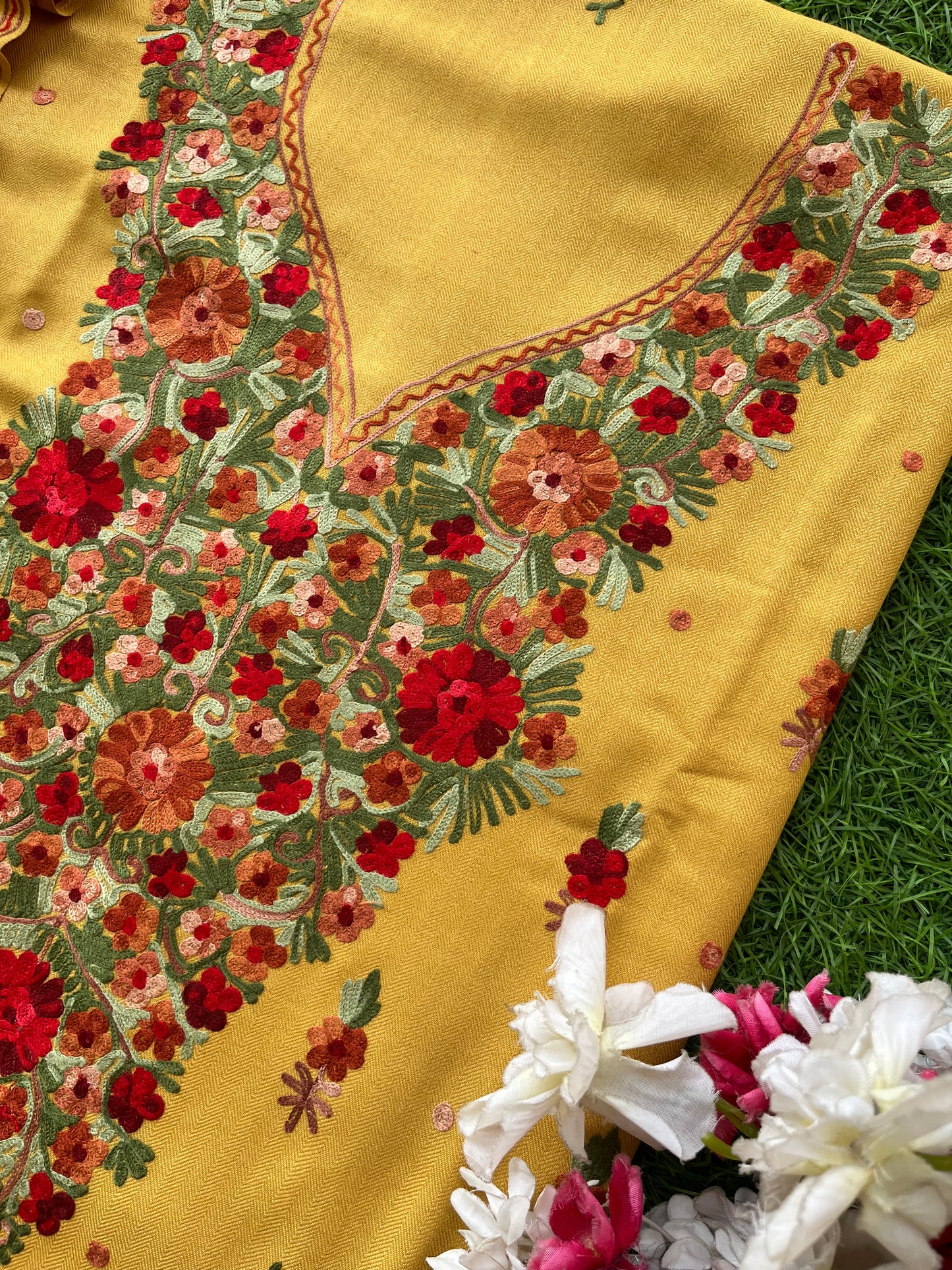 Yellow Woollen Aari Embroidered 3pc suit