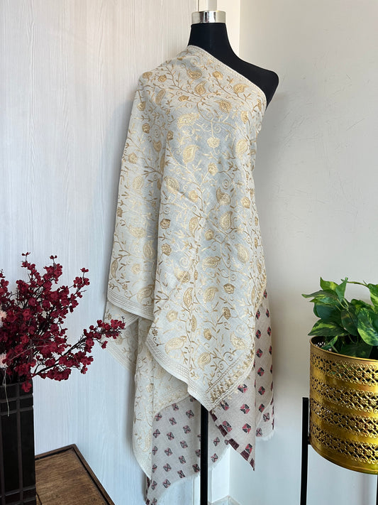 Cream Pure Wool Kashmiri Embroidered stole
