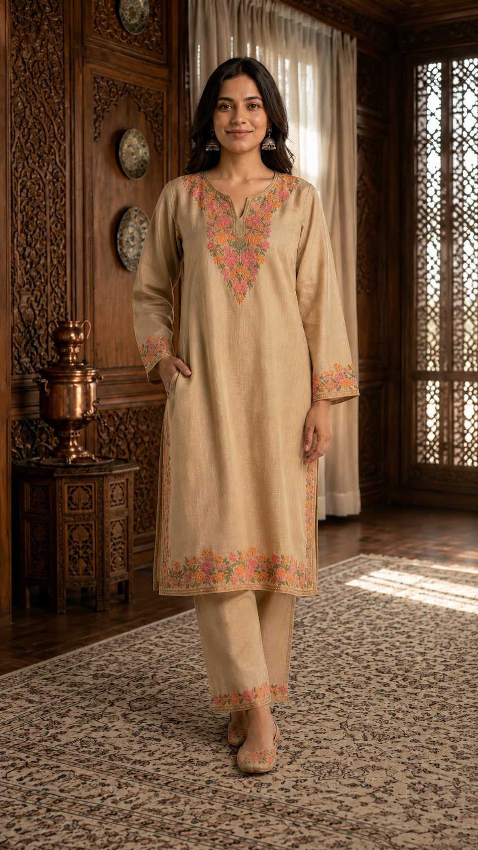 Beige Cotton Stitched Co-ord Set (42)