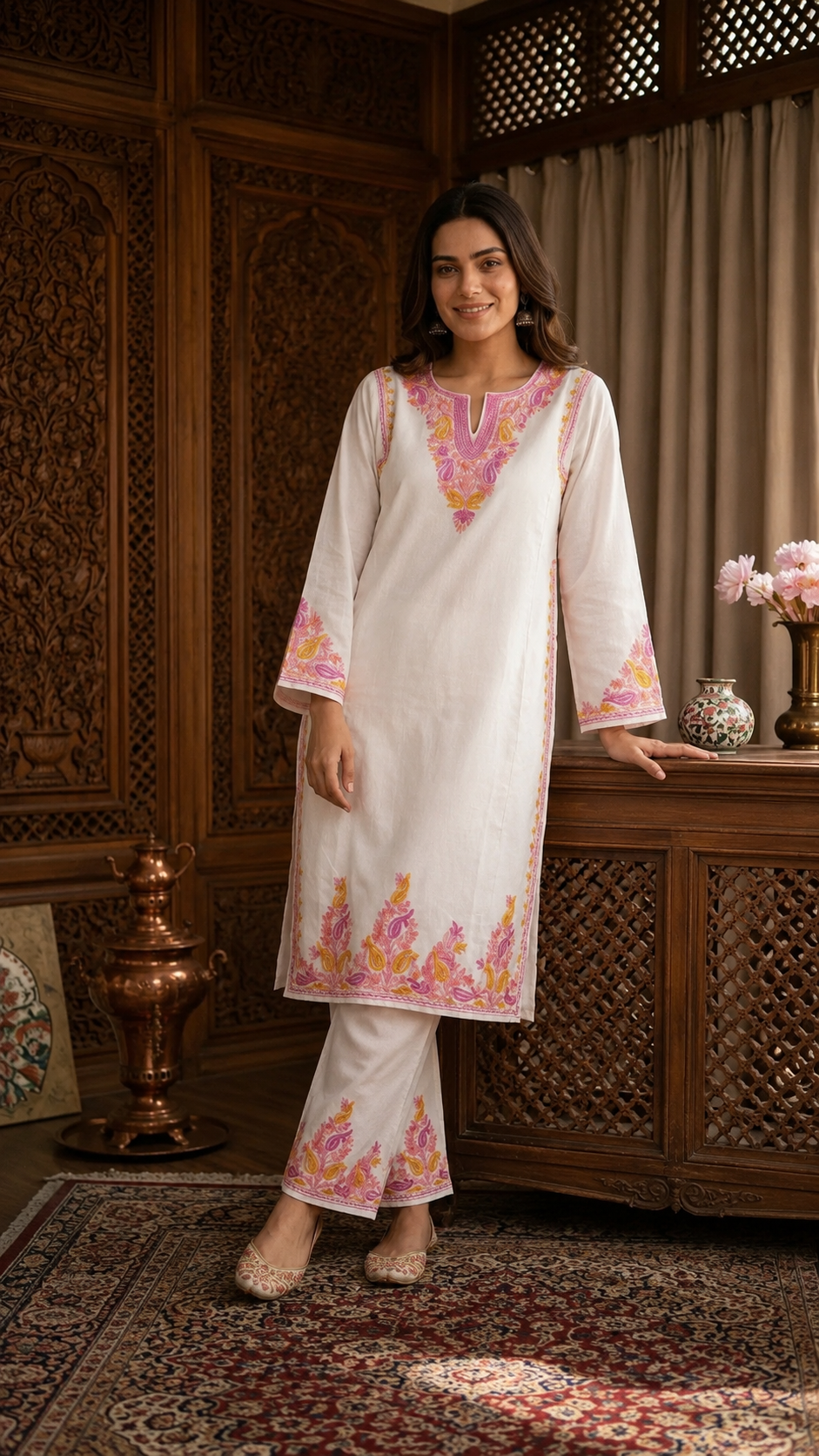 Off White Cotton Pheran Set (Upto 44)