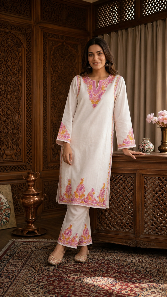 Off White Cotton Pheran Set (Upto 44)