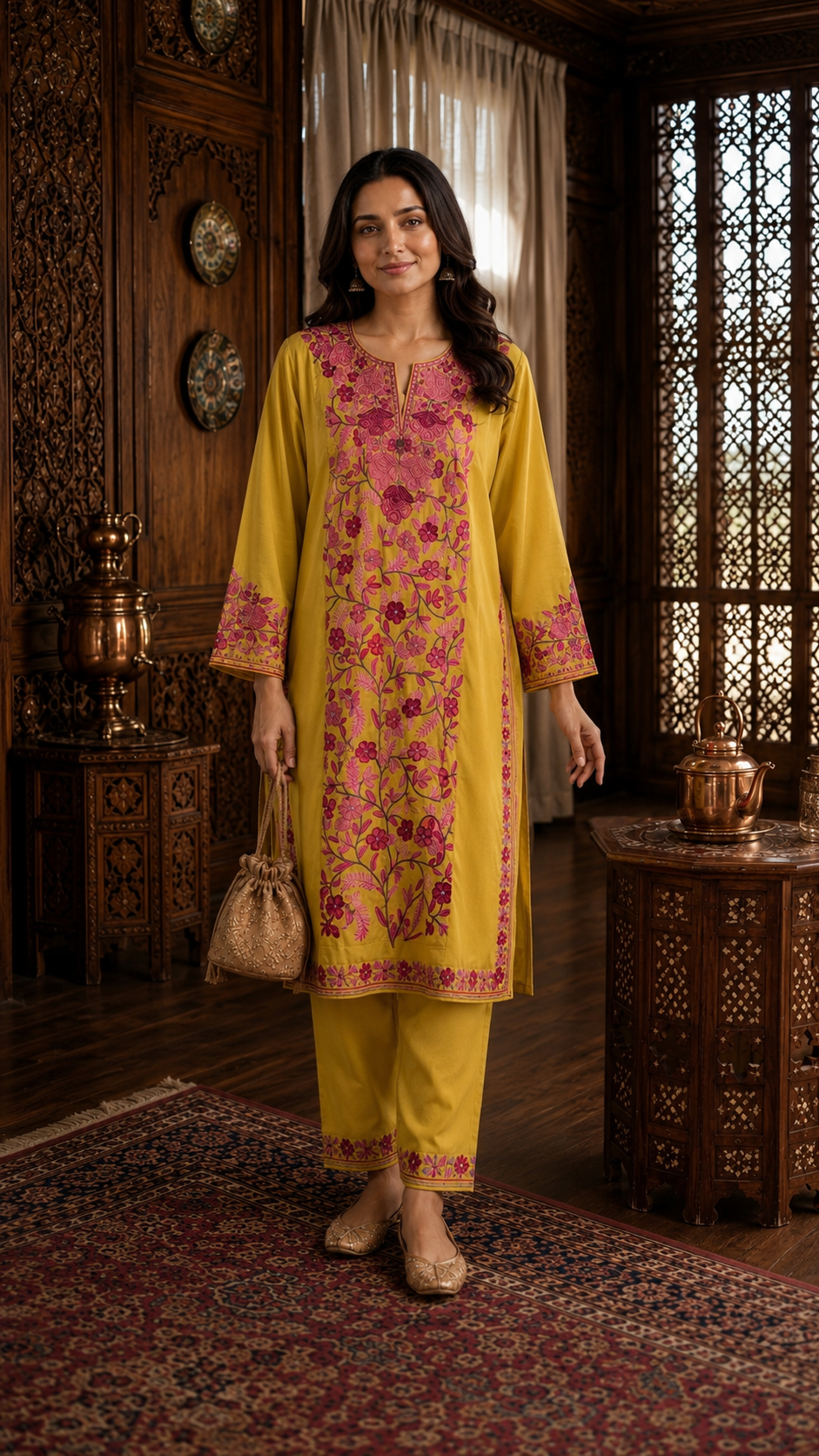 Yellow Cotton Front Jaal Pheran Set Size (Upto 46)