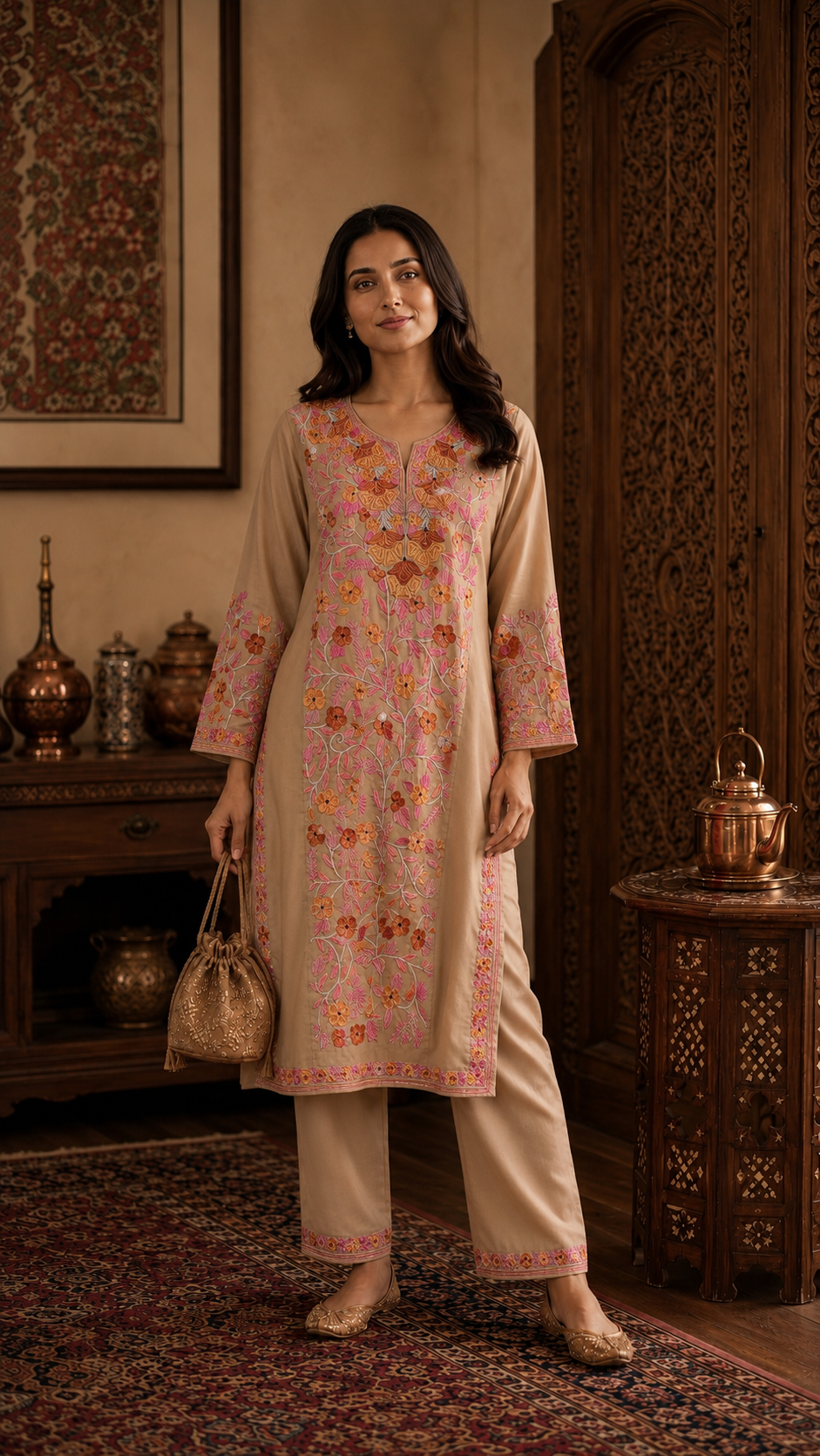 Beige Cotton Front Jaal Pheran Set Size (46)