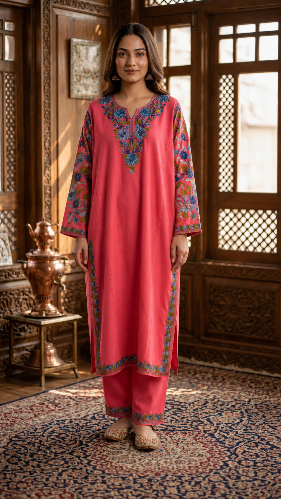 Carrot Pink Cotton Arm Jaal Pheran Set