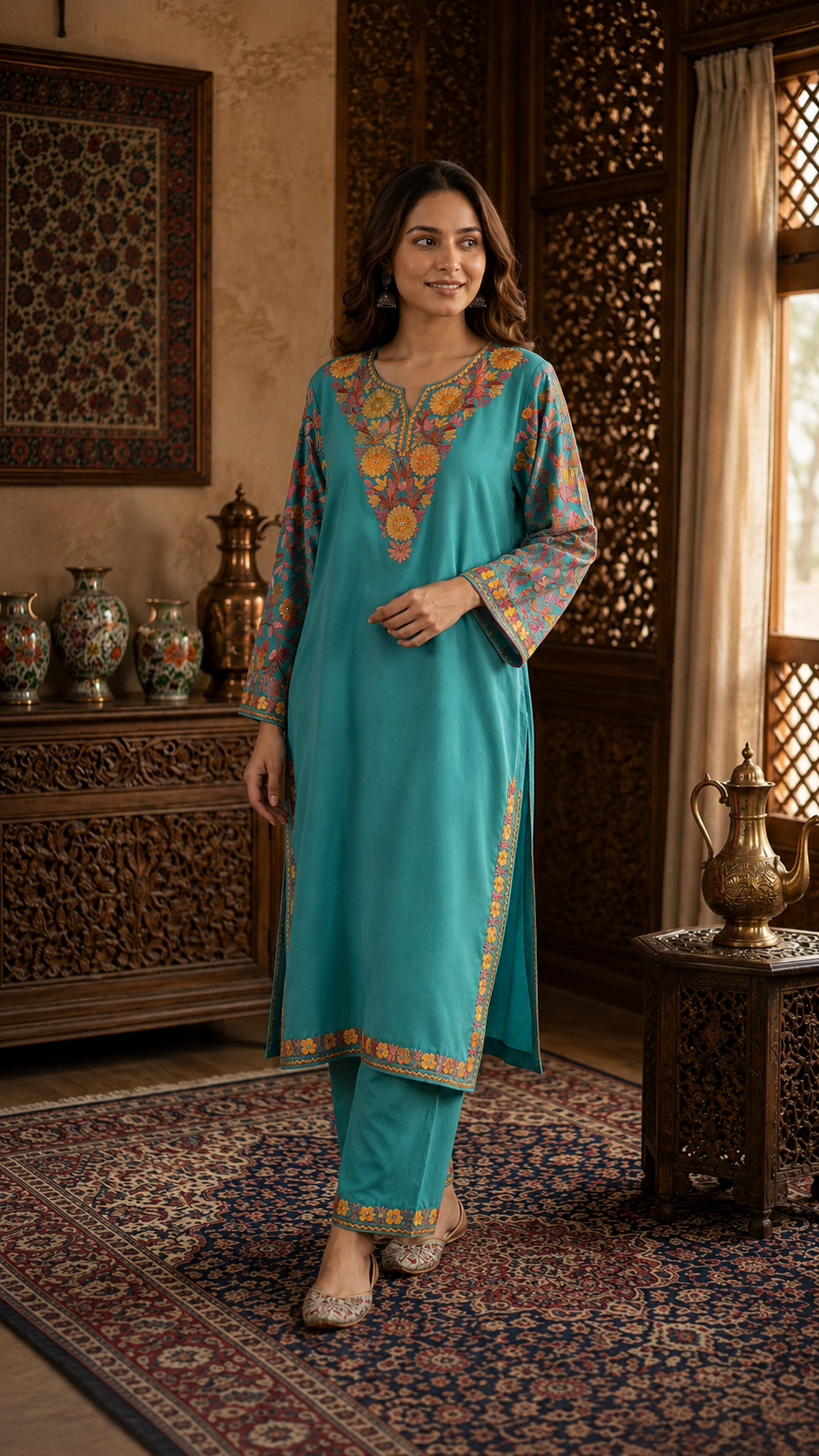 Sea Green Cotton Arm Jaal Pheran Set (Upto 46)