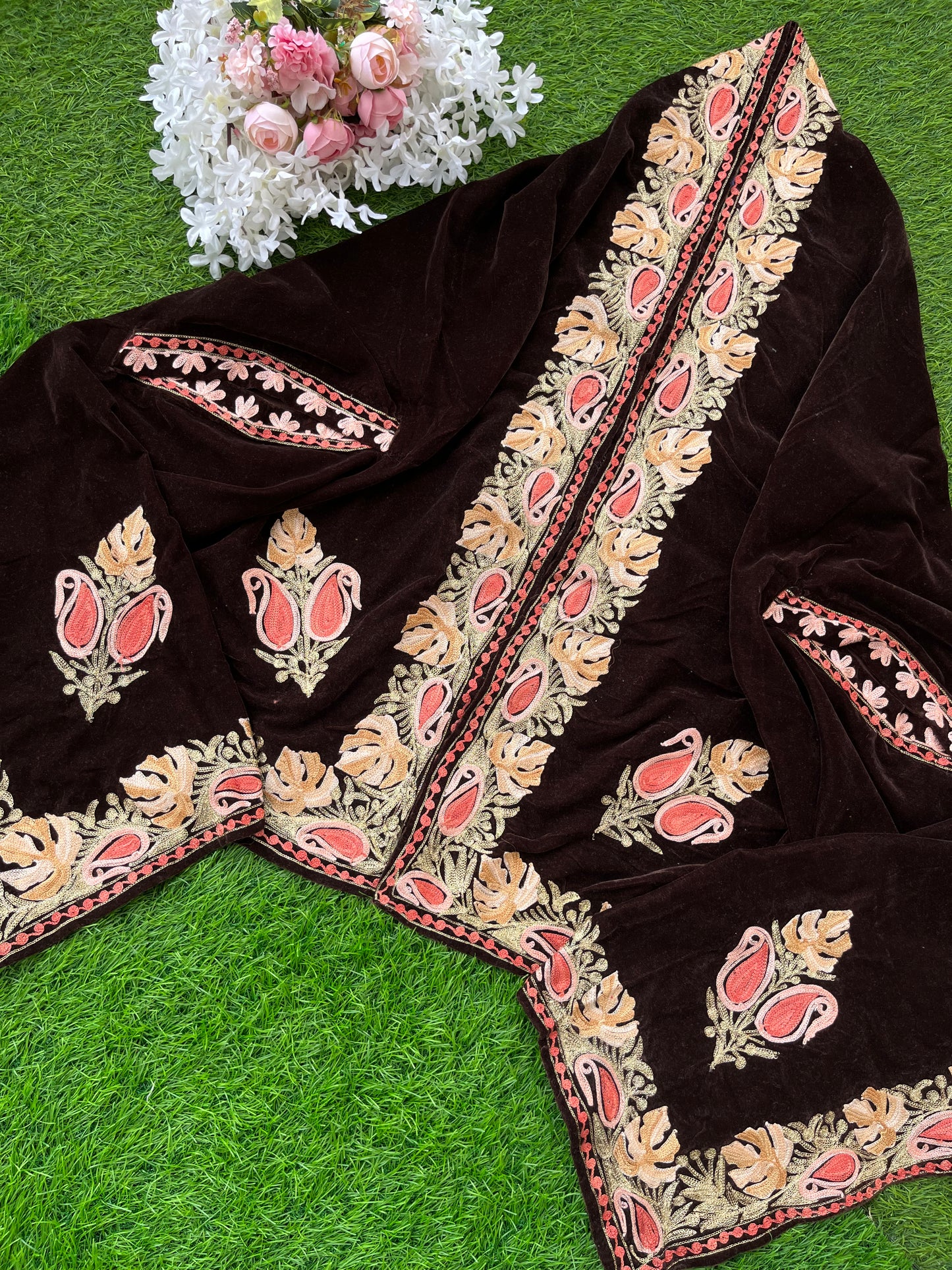 Brown Aari Embroidered Velvet Cape