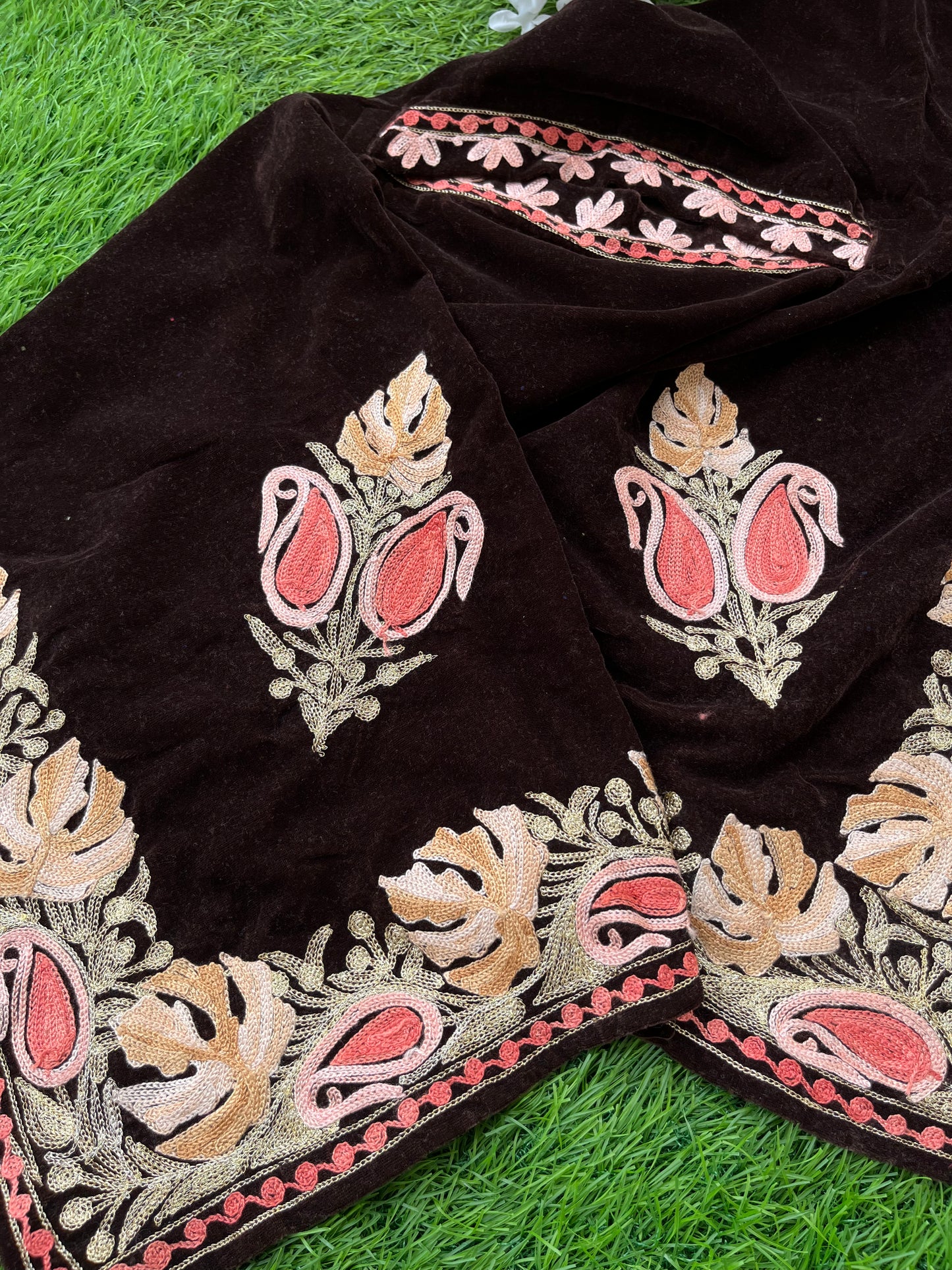 Brown Aari Embroidered Velvet Cape