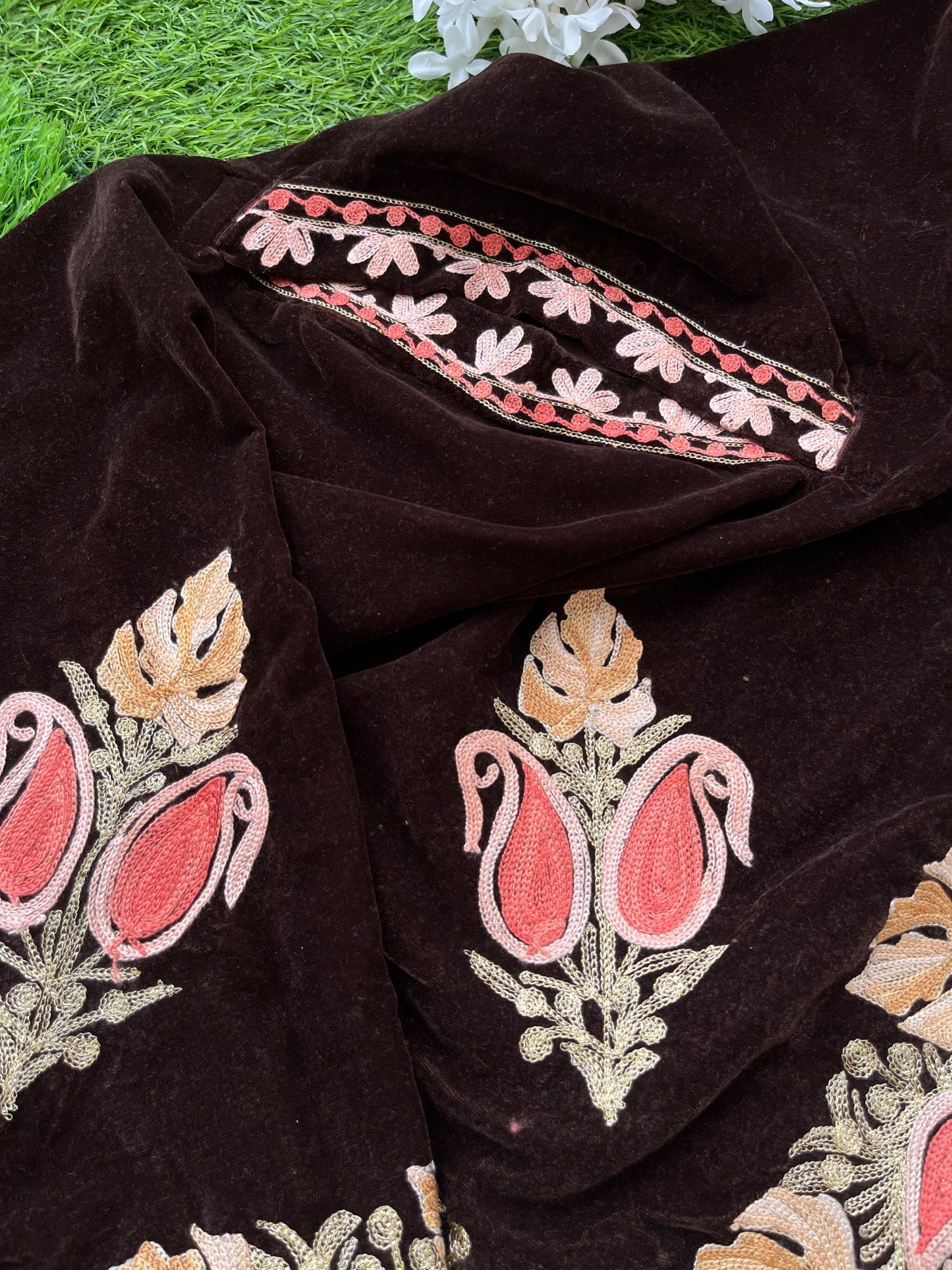 Brown Aari Embroidered Velvet Cape