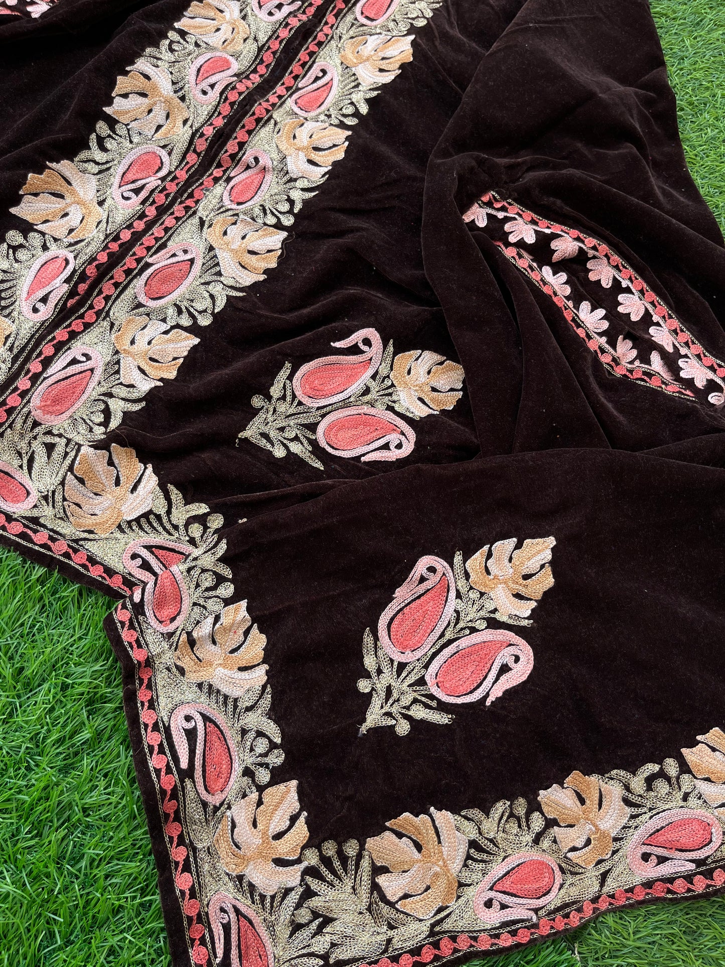 Brown Aari Embroidered Velvet Cape