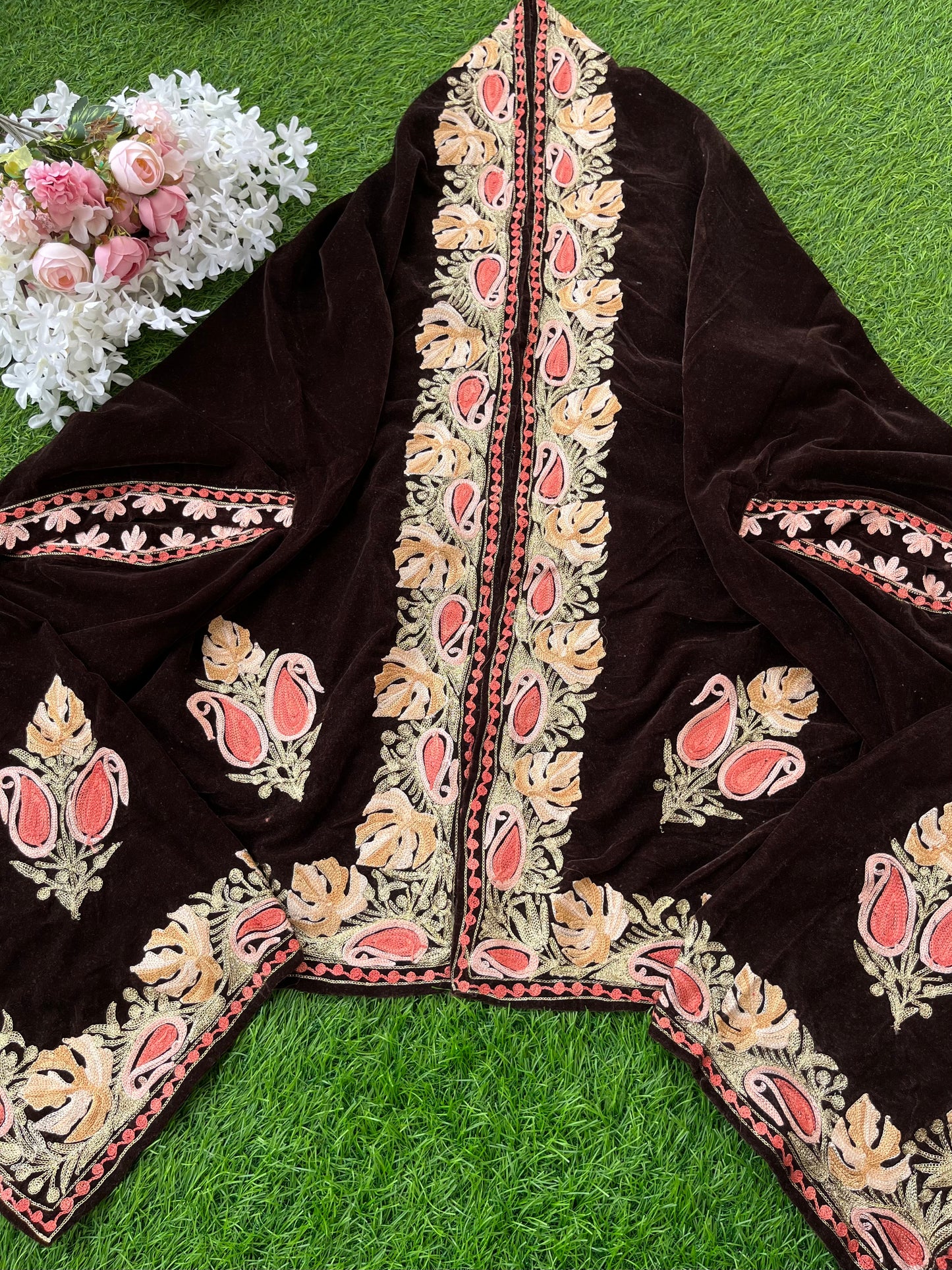 Brown Aari Embroidered Velvet Cape