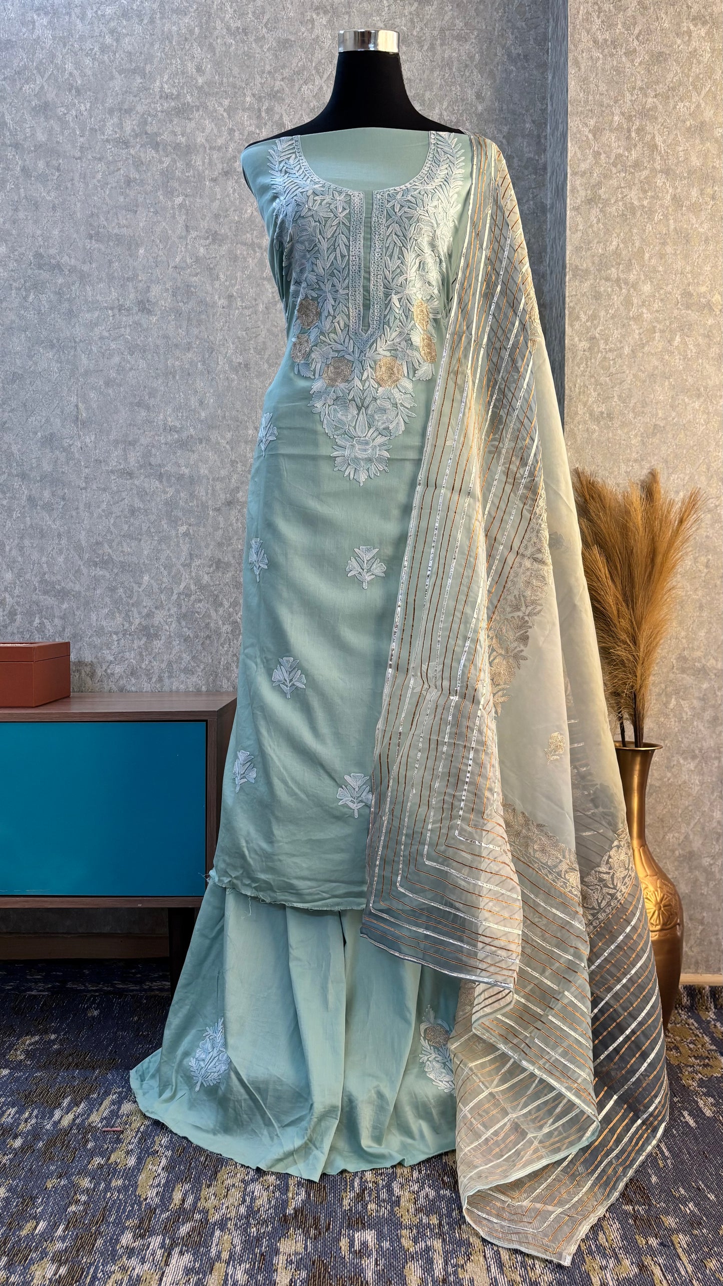 Blue Satin Cotton Kashmiri Suit