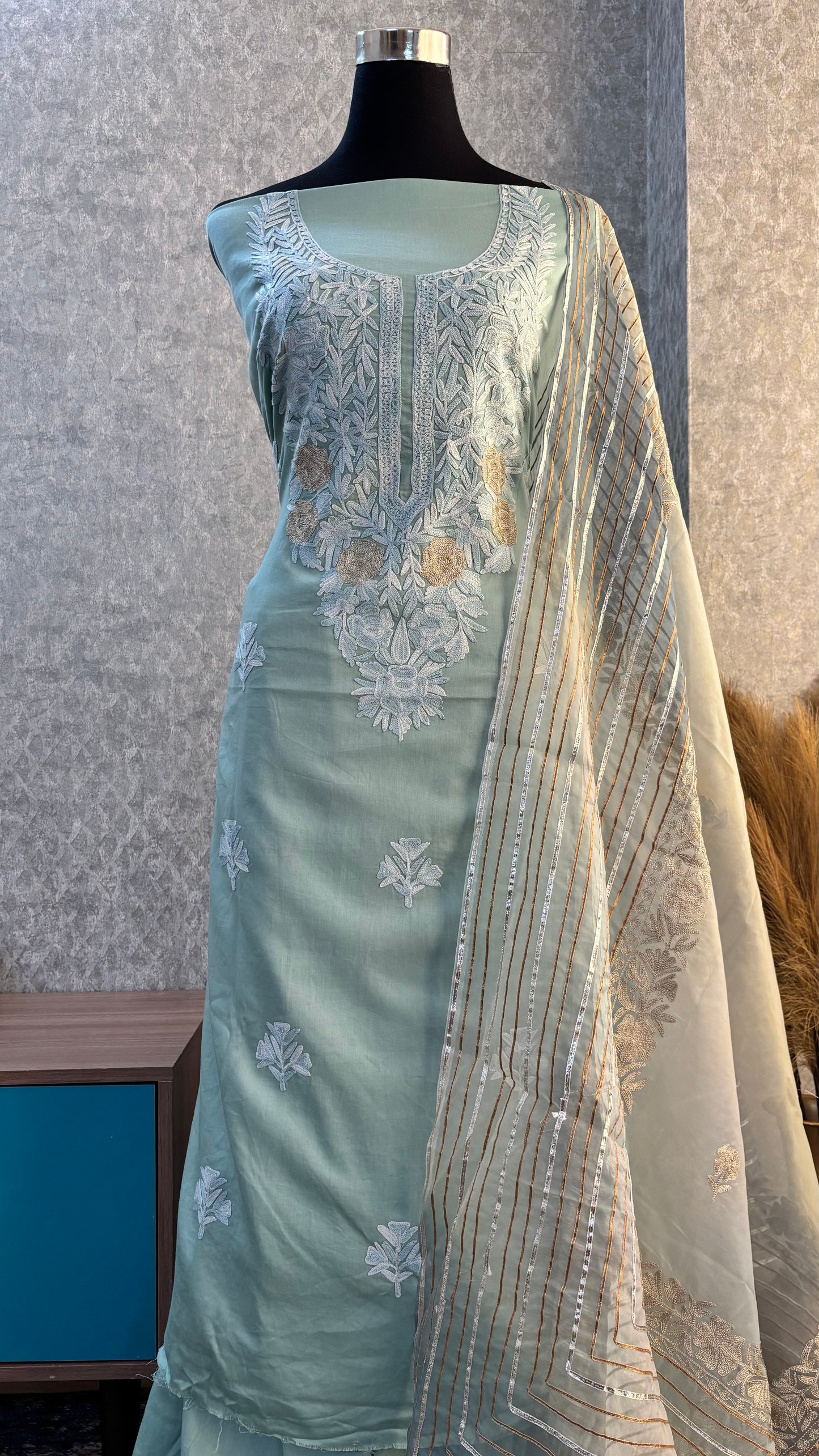 Blue Satin Cotton Kashmiri Suit