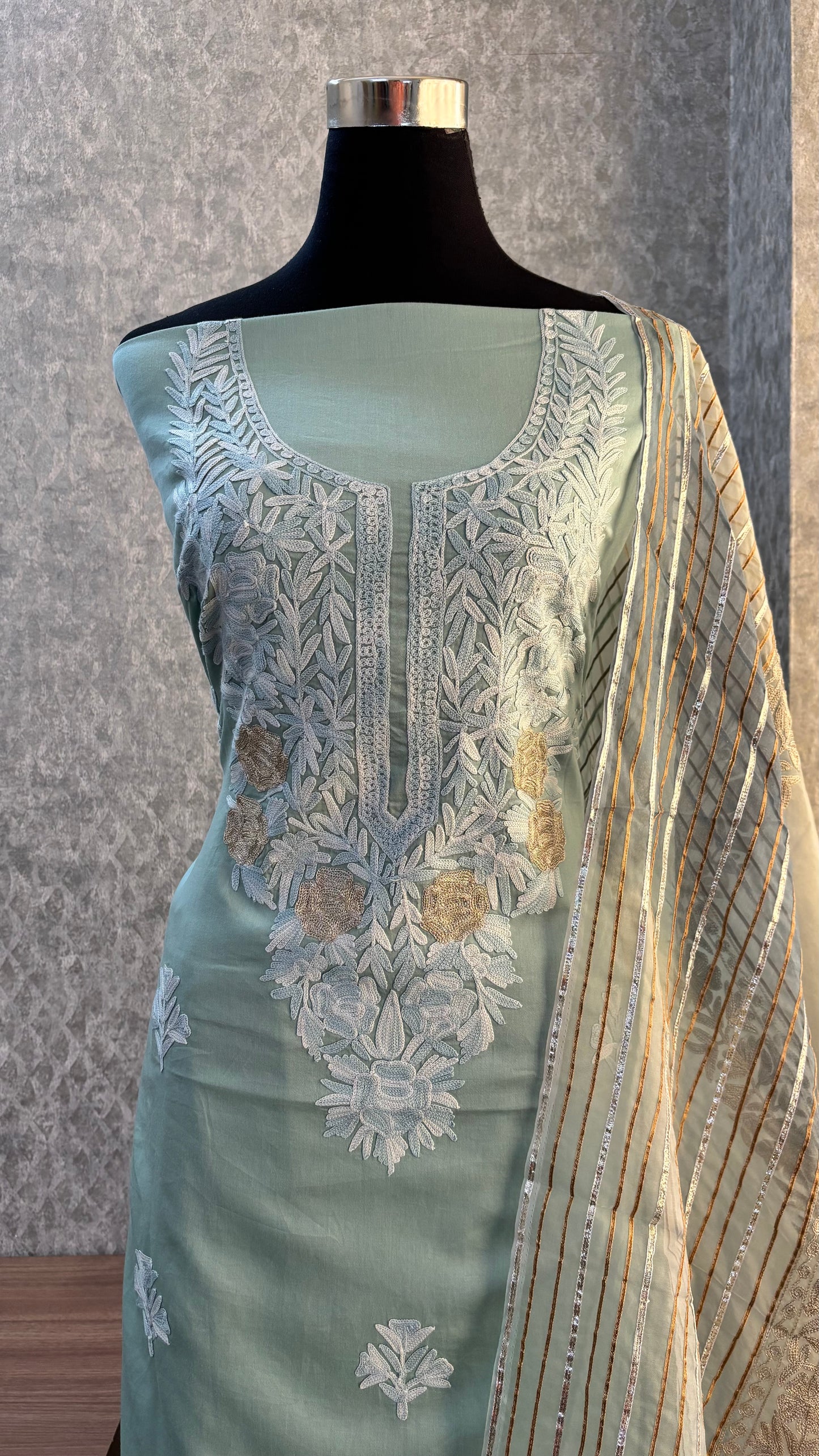 Blue Satin Cotton Kashmiri Suit