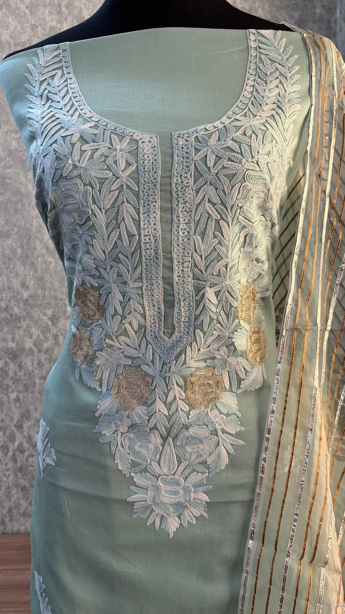 Blue Satin Cotton Kashmiri Suit