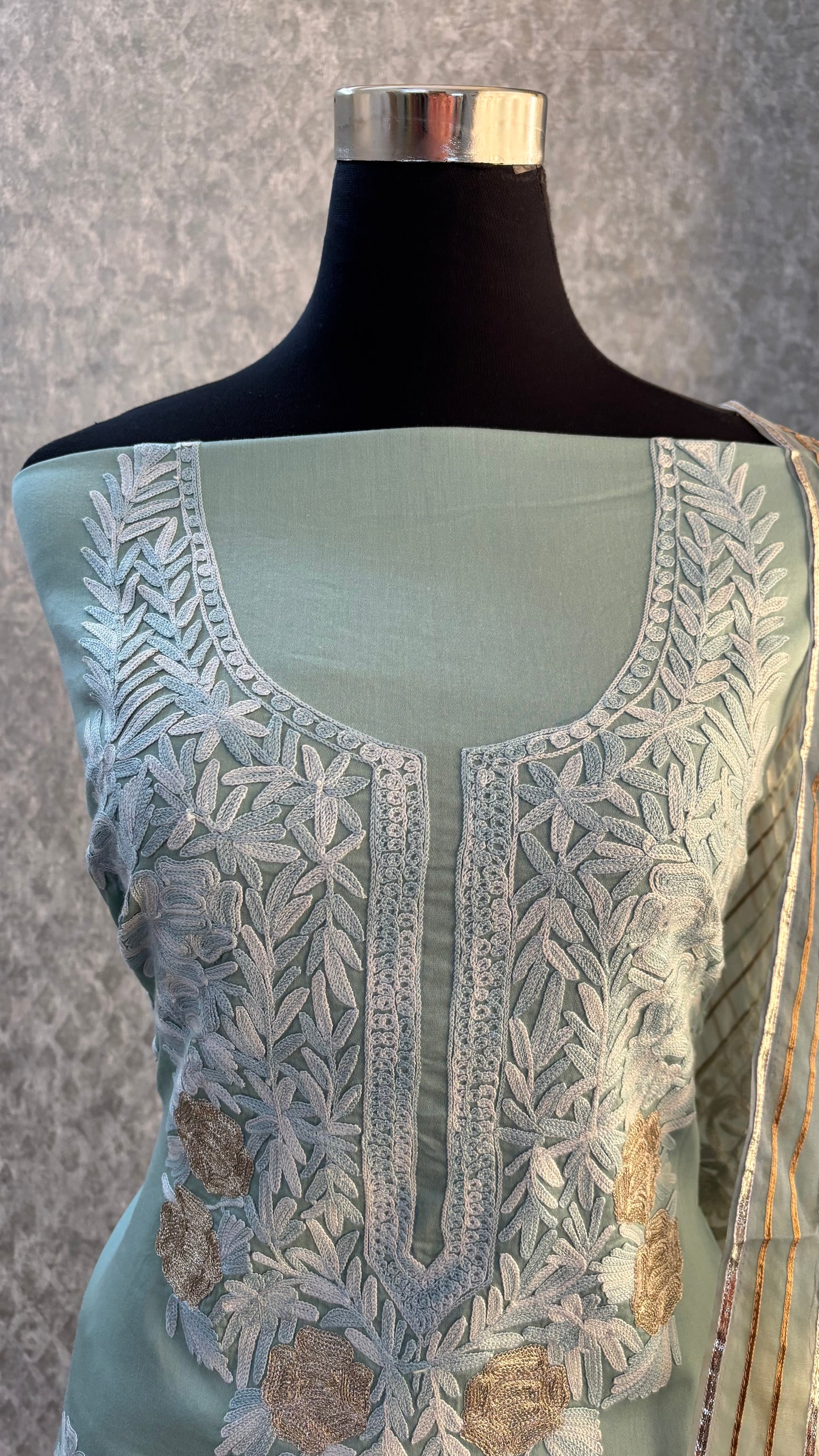 Blue Satin Cotton Kashmiri Suit