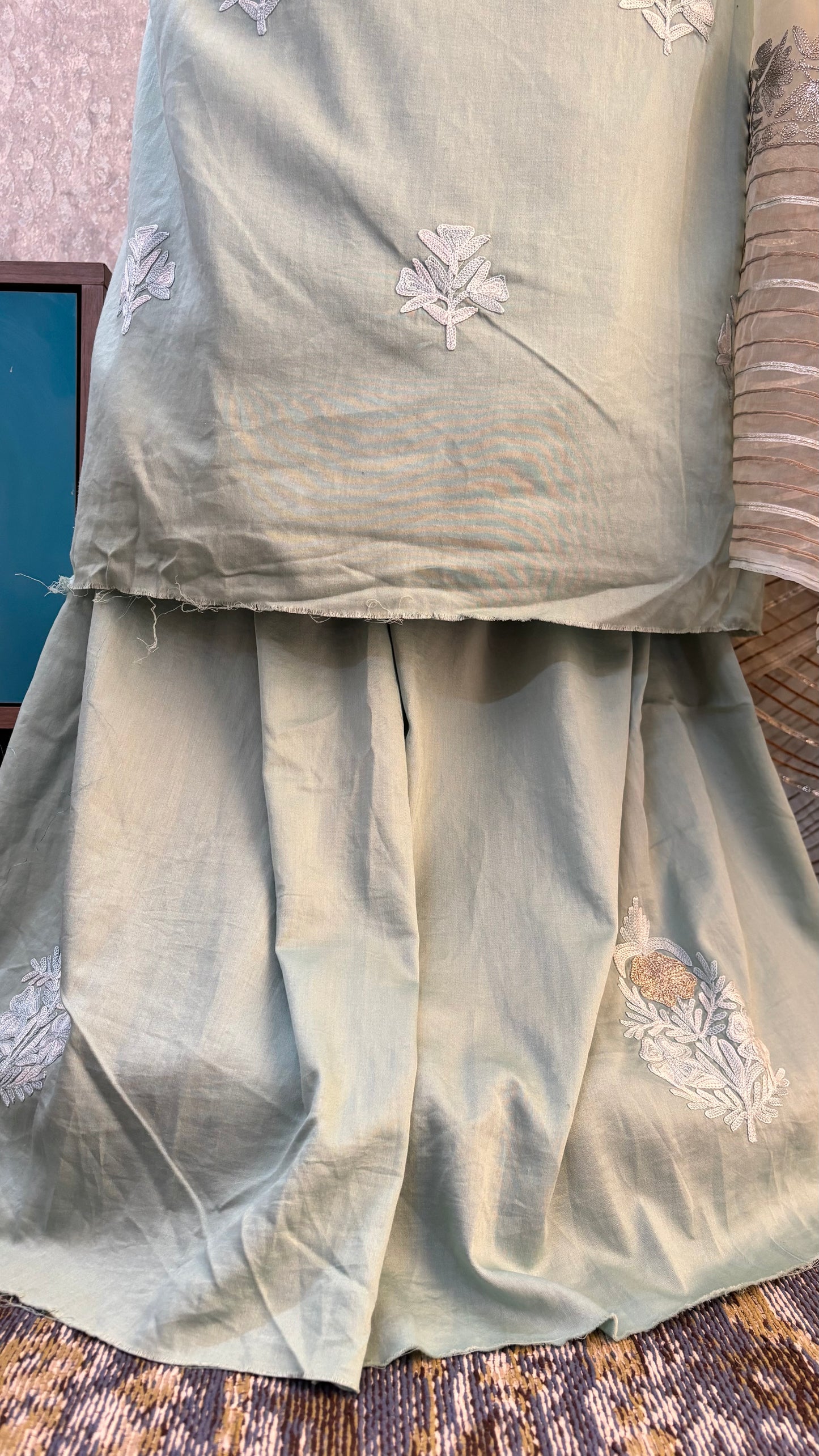 Blue Satin Cotton Kashmiri Suit