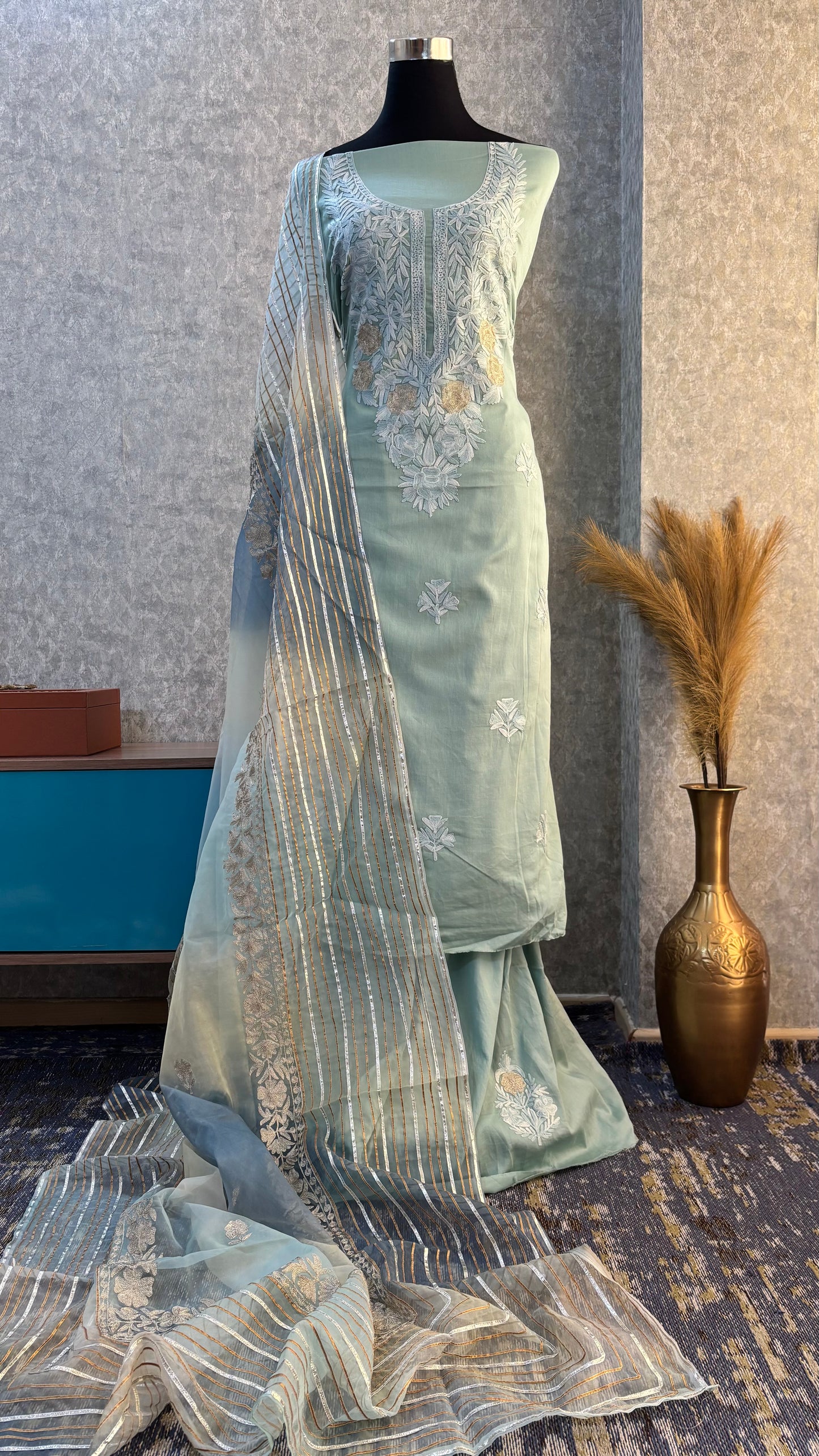 Blue Satin Cotton Kashmiri Suit
