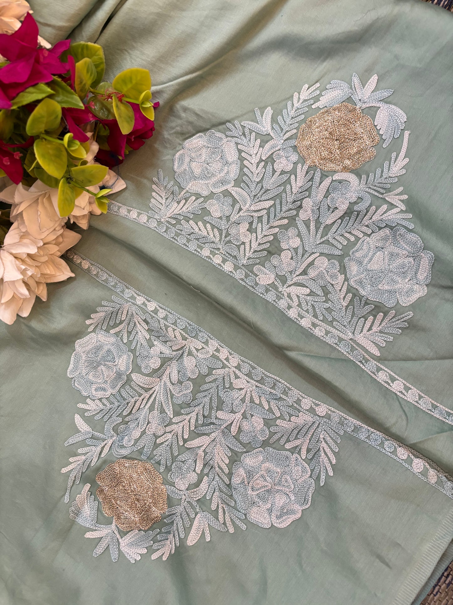 Blue Satin Cotton Kashmiri Suit