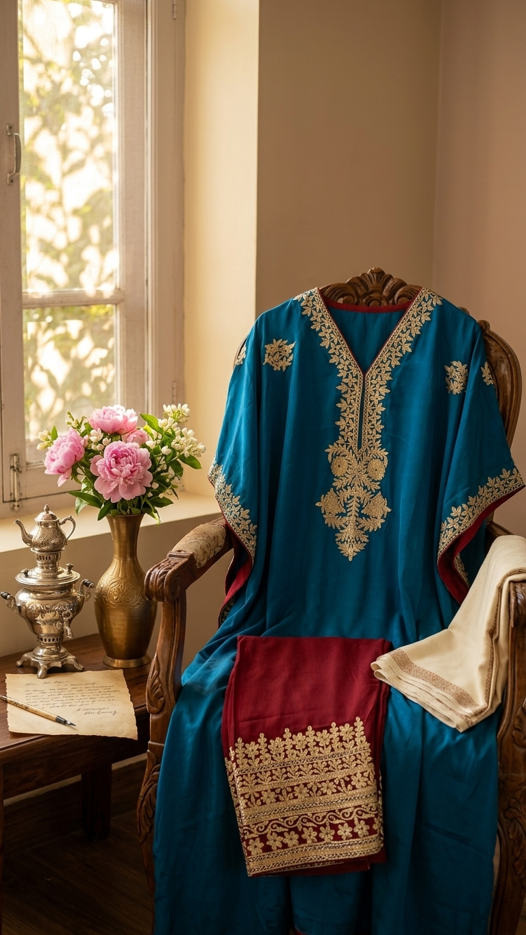 Peacock Blue Crape Kashmiri Kaftan Set size (44)