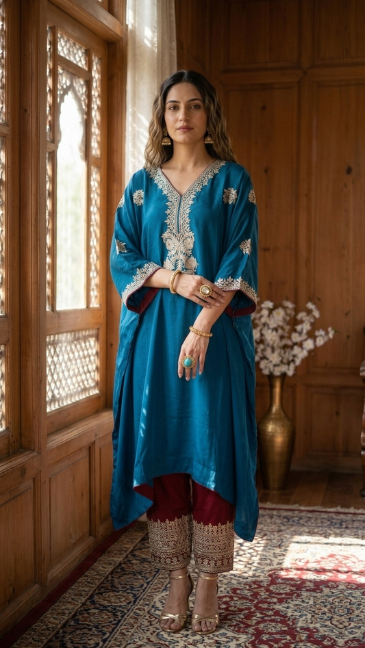 Peacock Blue Crape Kashmiri Kaftan Set size (44)