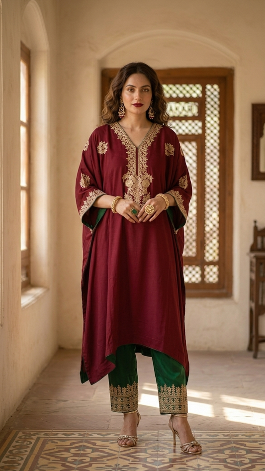 Maroon Crape Kashmiri Kaftan Set size (56)