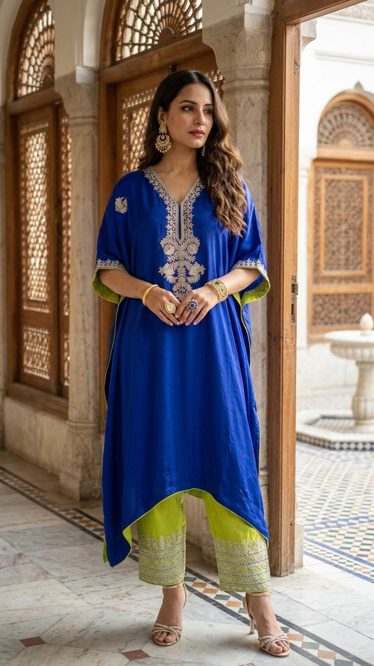 Royal Blue Crape Kashmiri Kaftan Set size (44)