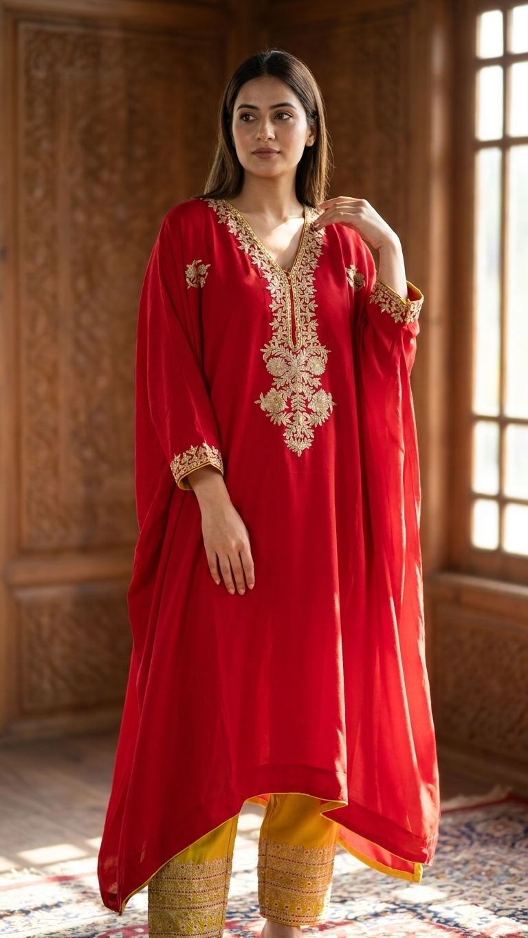 Red Crape Kashmiri Kaftan Set size (44)