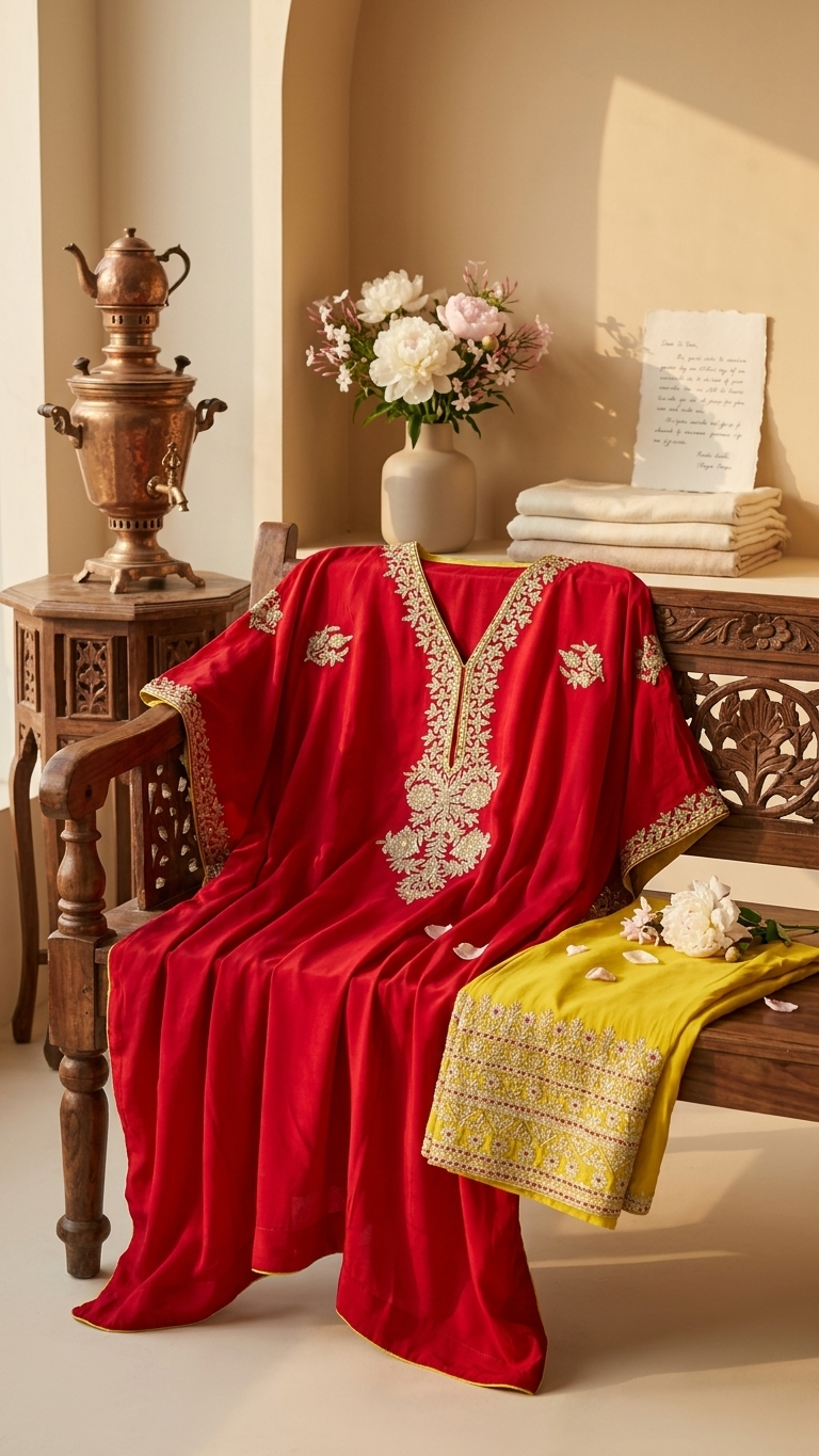 Red Crape Kashmiri Kaftan Set size (44)