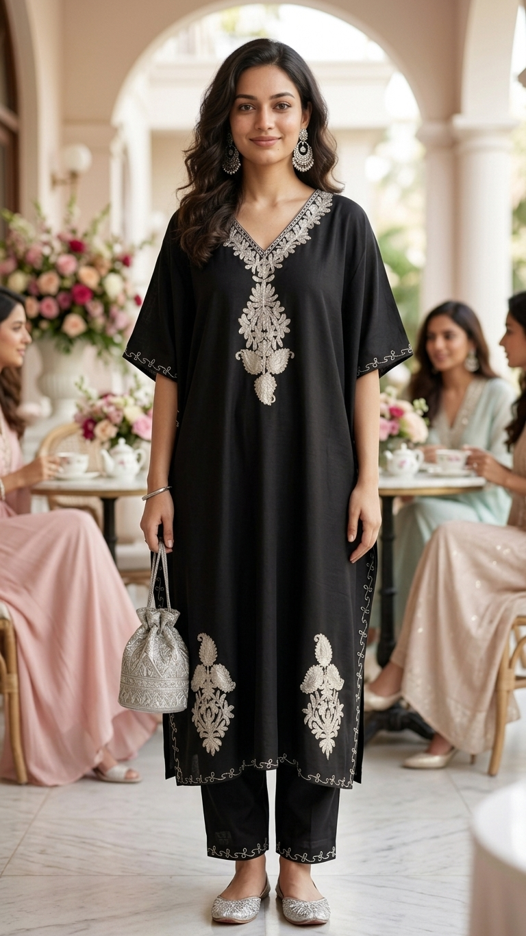 Black Rayon Cotton Kashmiri Tilla Kaftan
