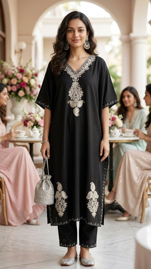 Black Rayon Cotton Kashmiri Tilla Kaftan