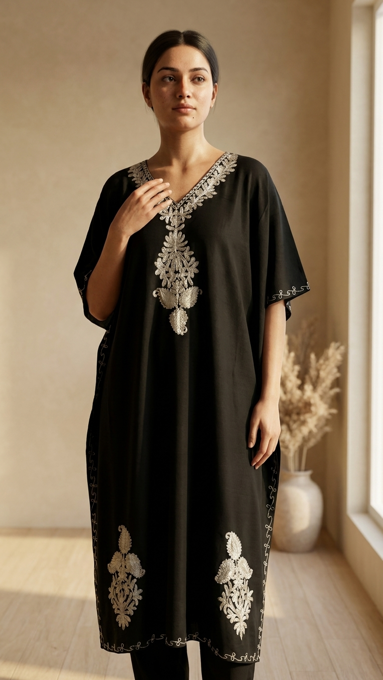 Black Rayon Cotton Kashmiri Tilla Kaftan